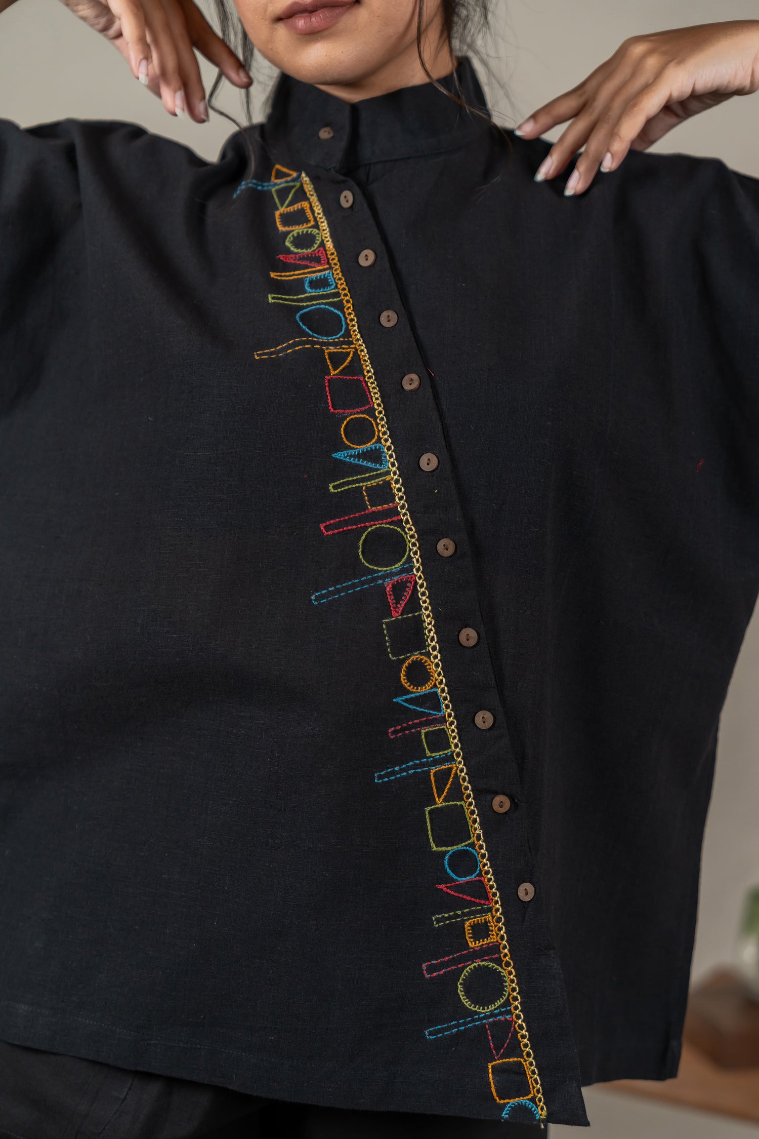 Hand Embroidered Handloom Cotton Shirt with Asymmetrical Placket in Black – Suchi