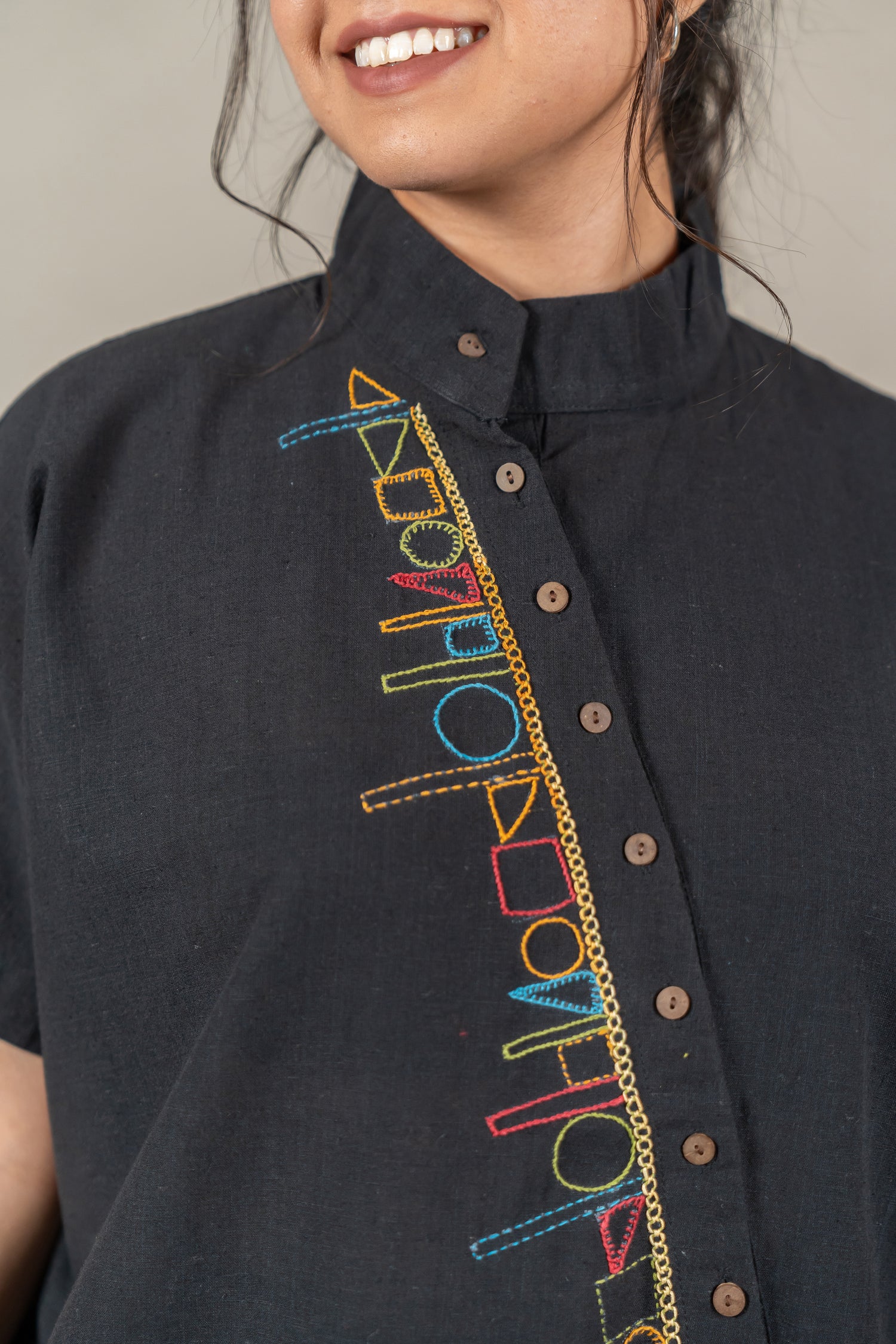 Hand Embroidered Handloom Cotton Shirt with Asymmetrical Placket in Black – Suchi