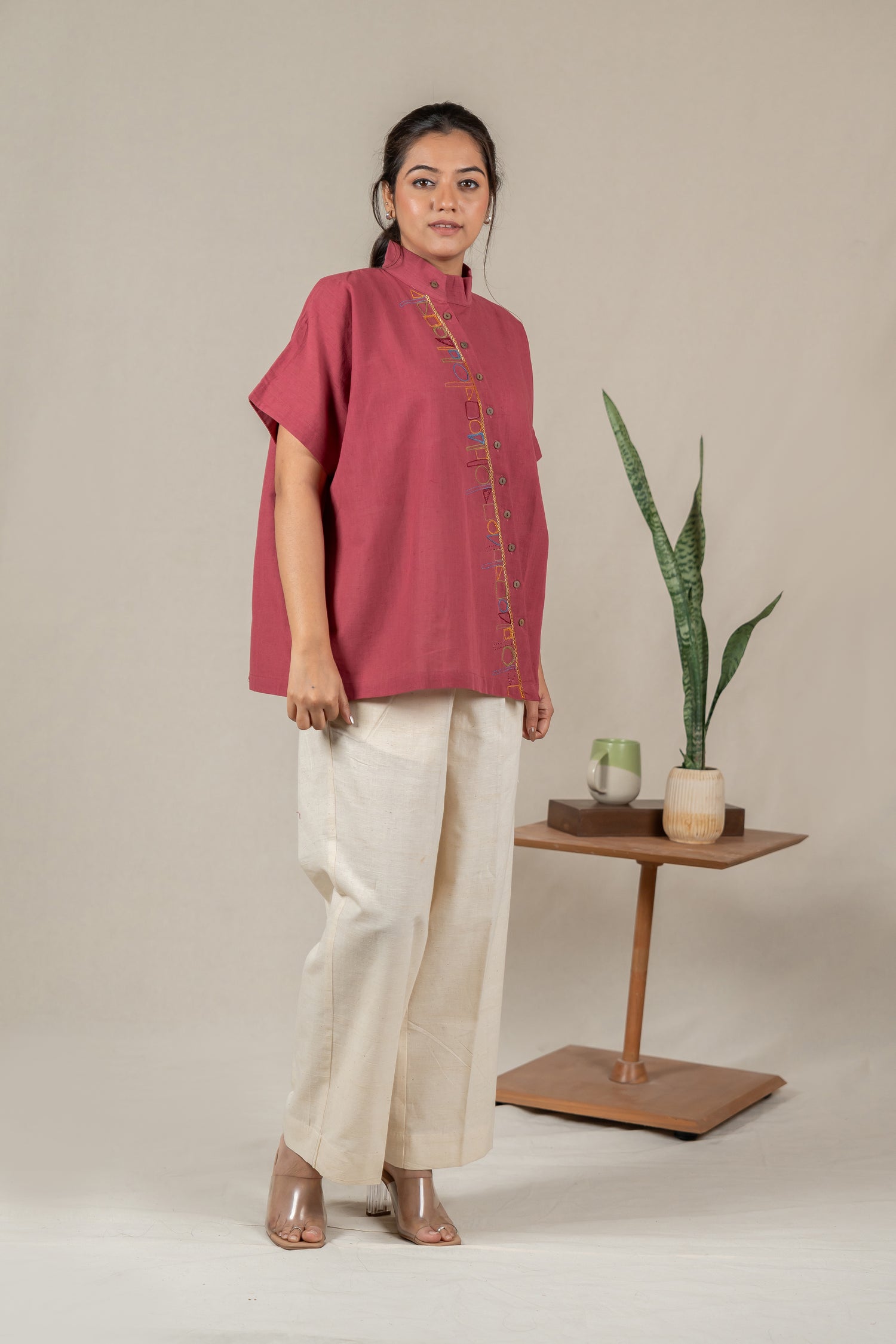 Hand Embroidered Handloom Cotton Shirt with Asymmetrical Placket in Muted Pink – Suchi