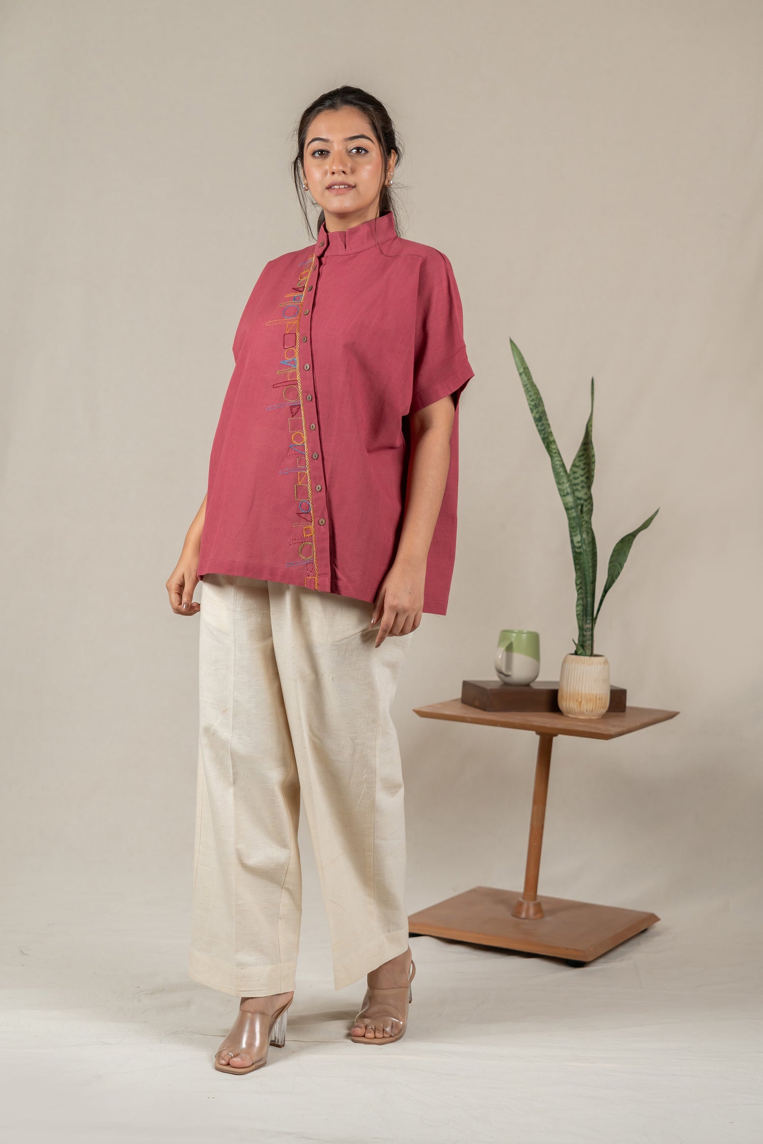 Hand Embroidered Handloom Cotton Shirt with Asymmetrical Placket in Muted Pink – Suchi