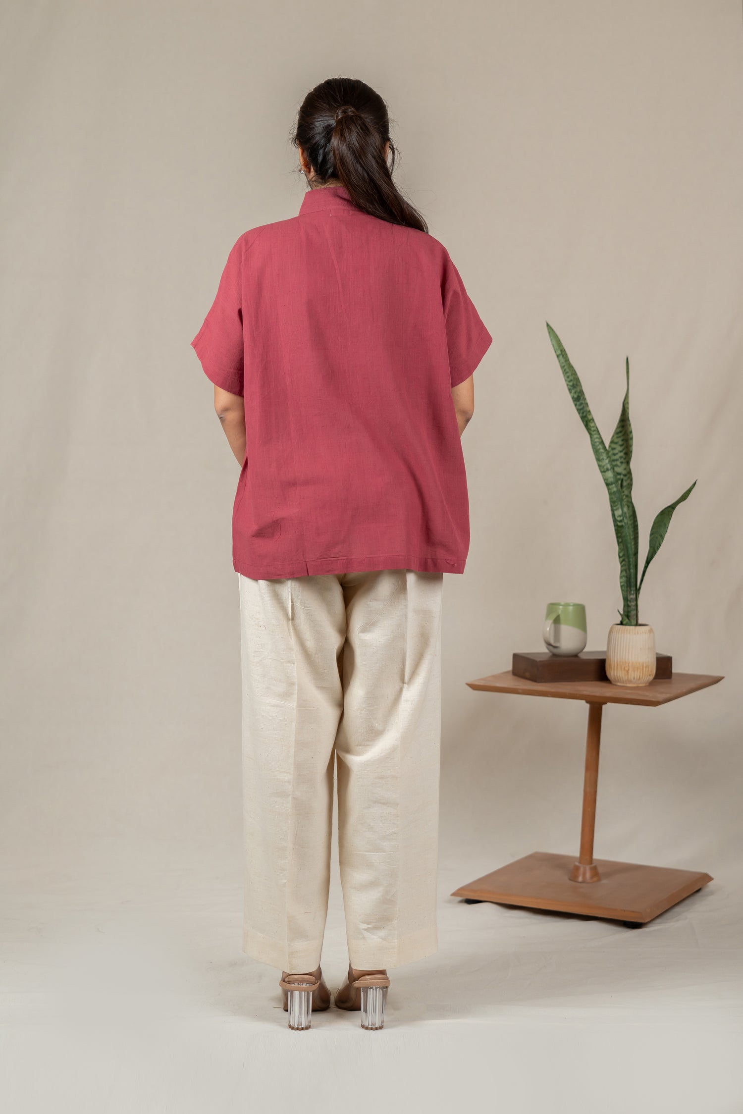 Hand Embroidered Handloom Cotton Shirt with Asymmetrical Placket in Muted Pink – Suchi