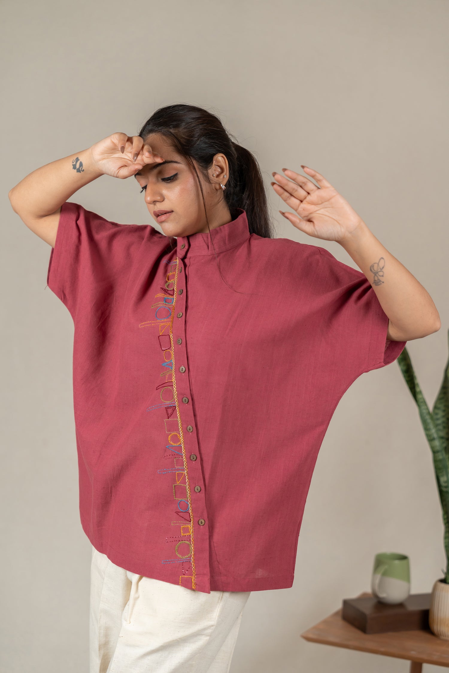 Hand Embroidered Handloom Cotton Shirt with Asymmetrical Placket in Muted Pink – Suchi