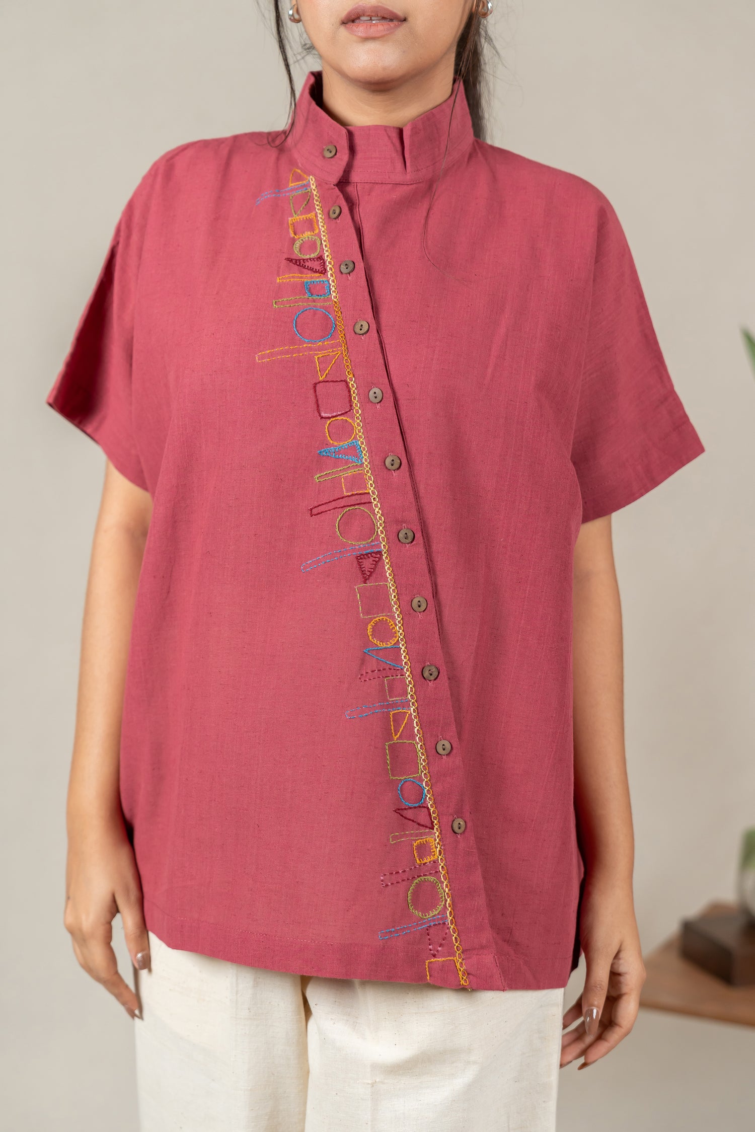 Hand Embroidered Handloom Cotton Shirt with Asymmetrical Placket in Muted Pink – Suchi