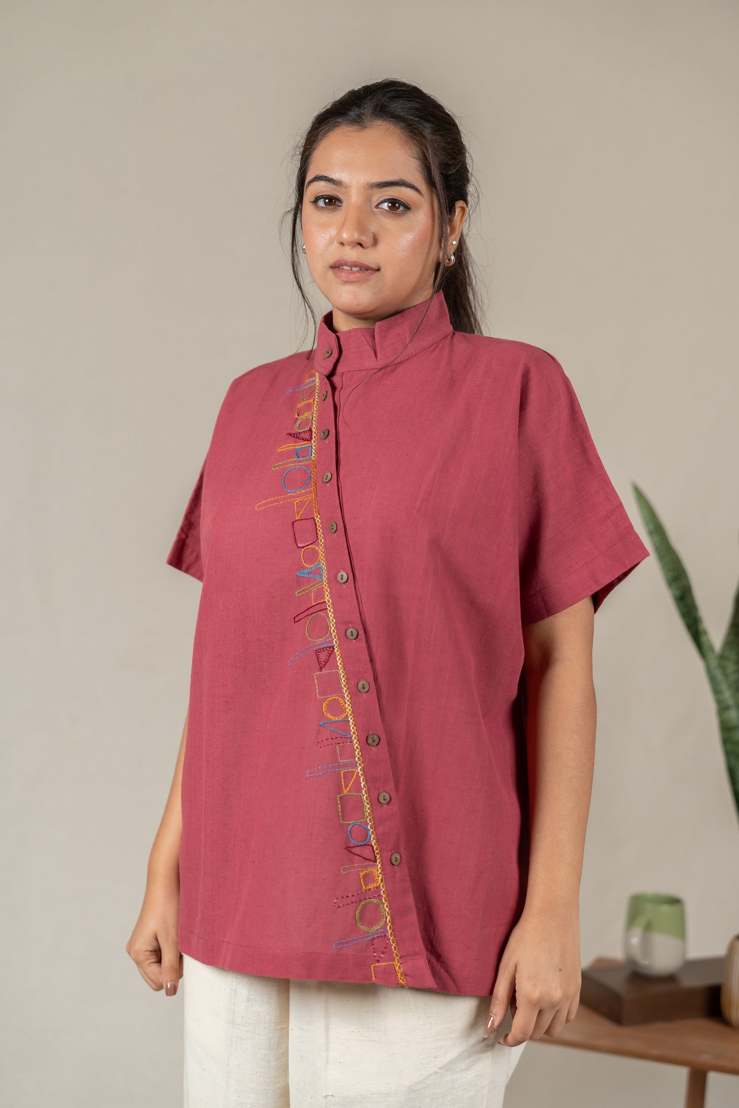 Hand Embroidered Handloom Cotton Shirt with Asymmetrical Placket in Muted Pink – Suchi