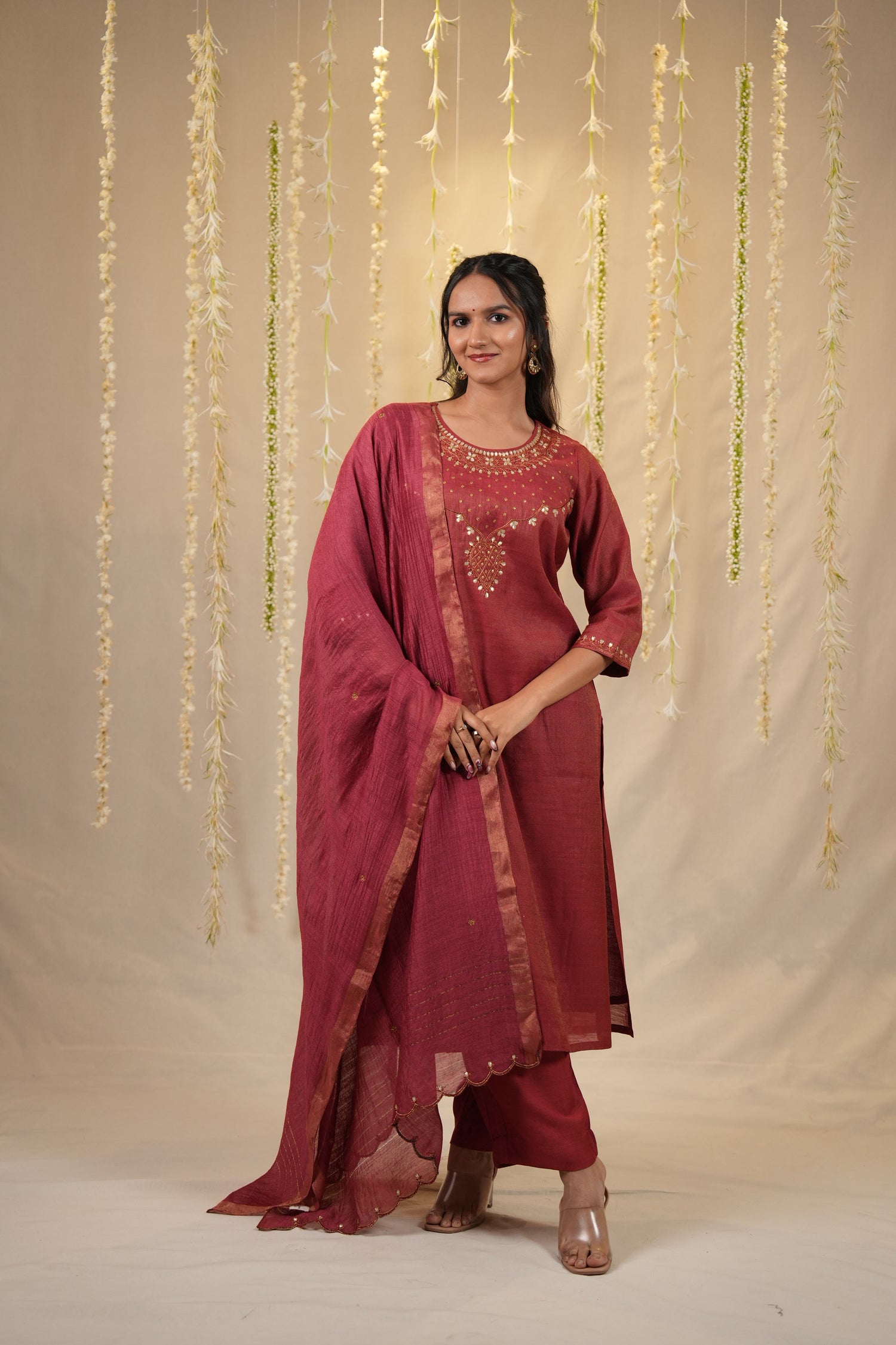 Ek Dor Hand Embroidered Tissue Silk Kurta Set - Set of Three