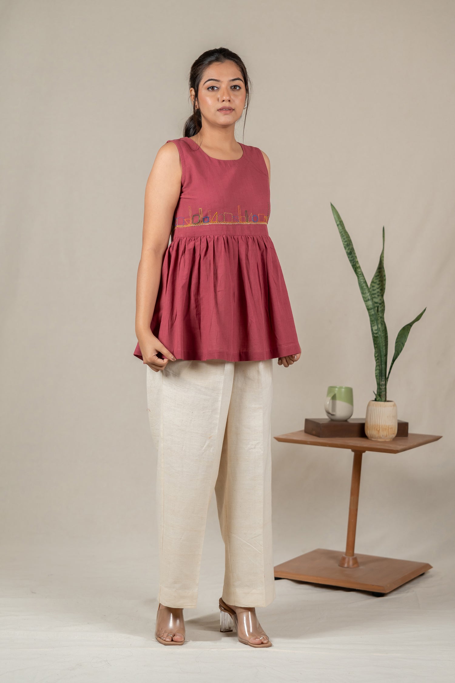 Sleeveless Hand Embroidered Handloom Cotton Top in Muted Pink – Suchi