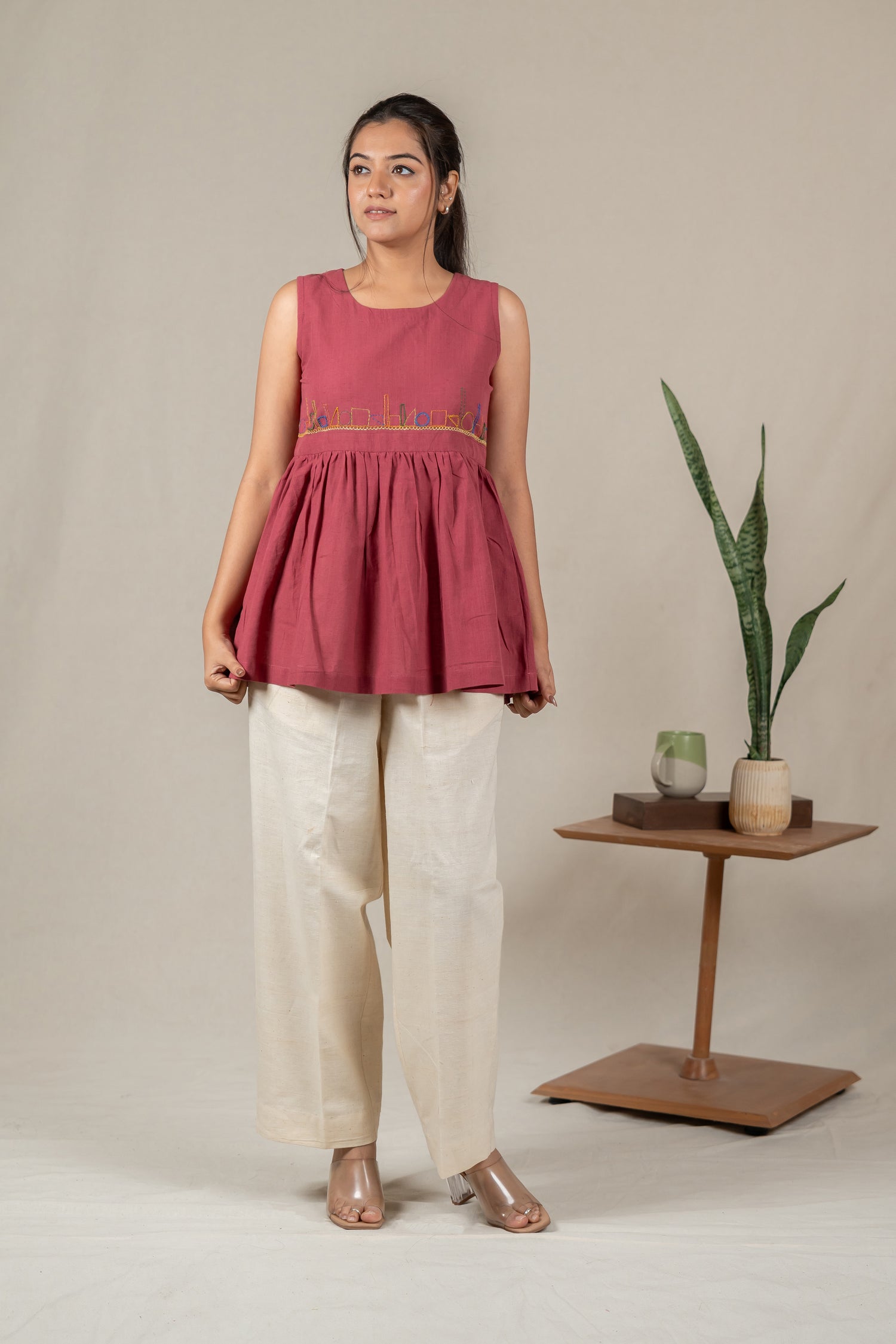 Sleeveless Hand Embroidered Handloom Cotton Top in Muted Pink – Suchi