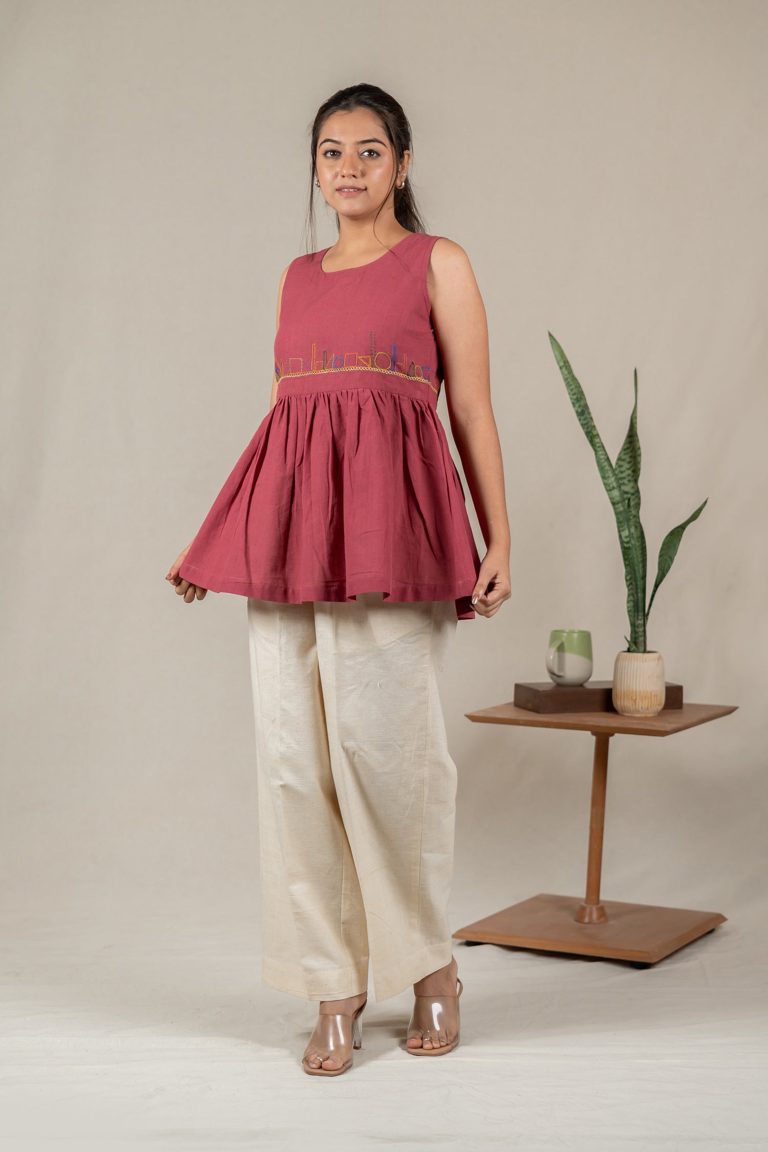 Sleeveless Hand Embroidered Handloom Cotton Top in Muted Pink – Suchi