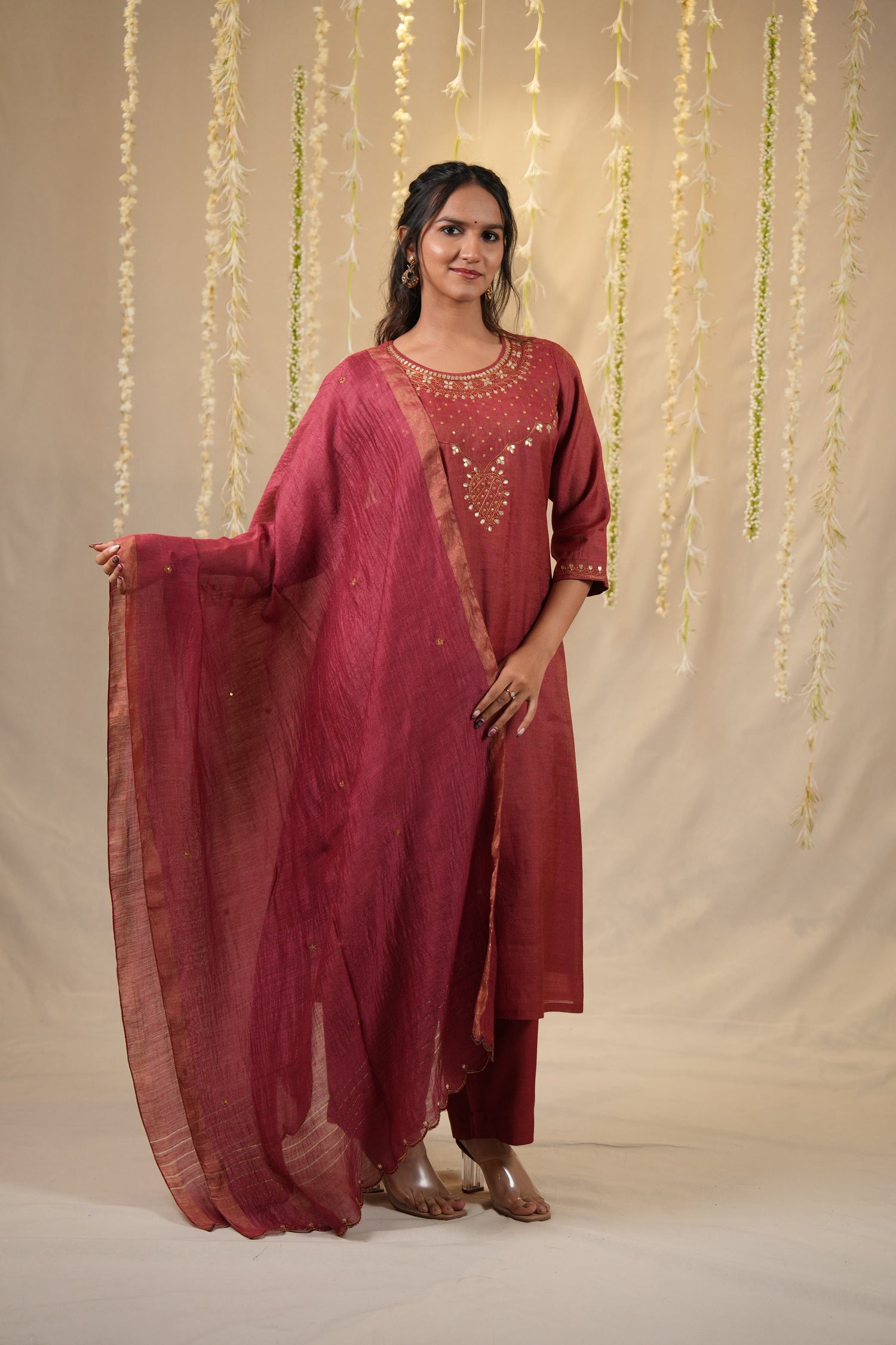 Ek Dor Hand Embroidered Tissue Silk Kurta Set - Set of Three