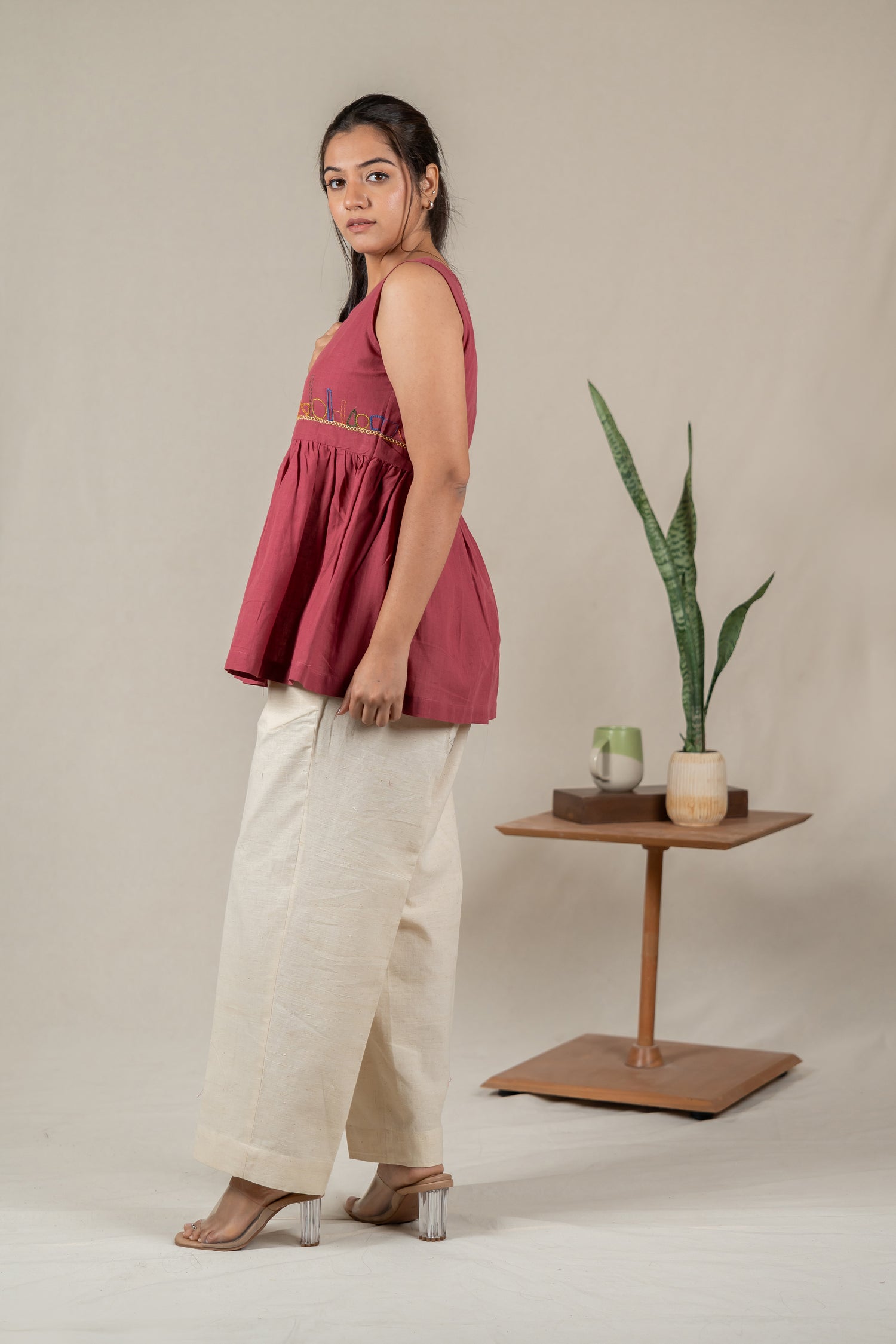 Sleeveless Hand Embroidered Handloom Cotton Top in Muted Pink – Suchi