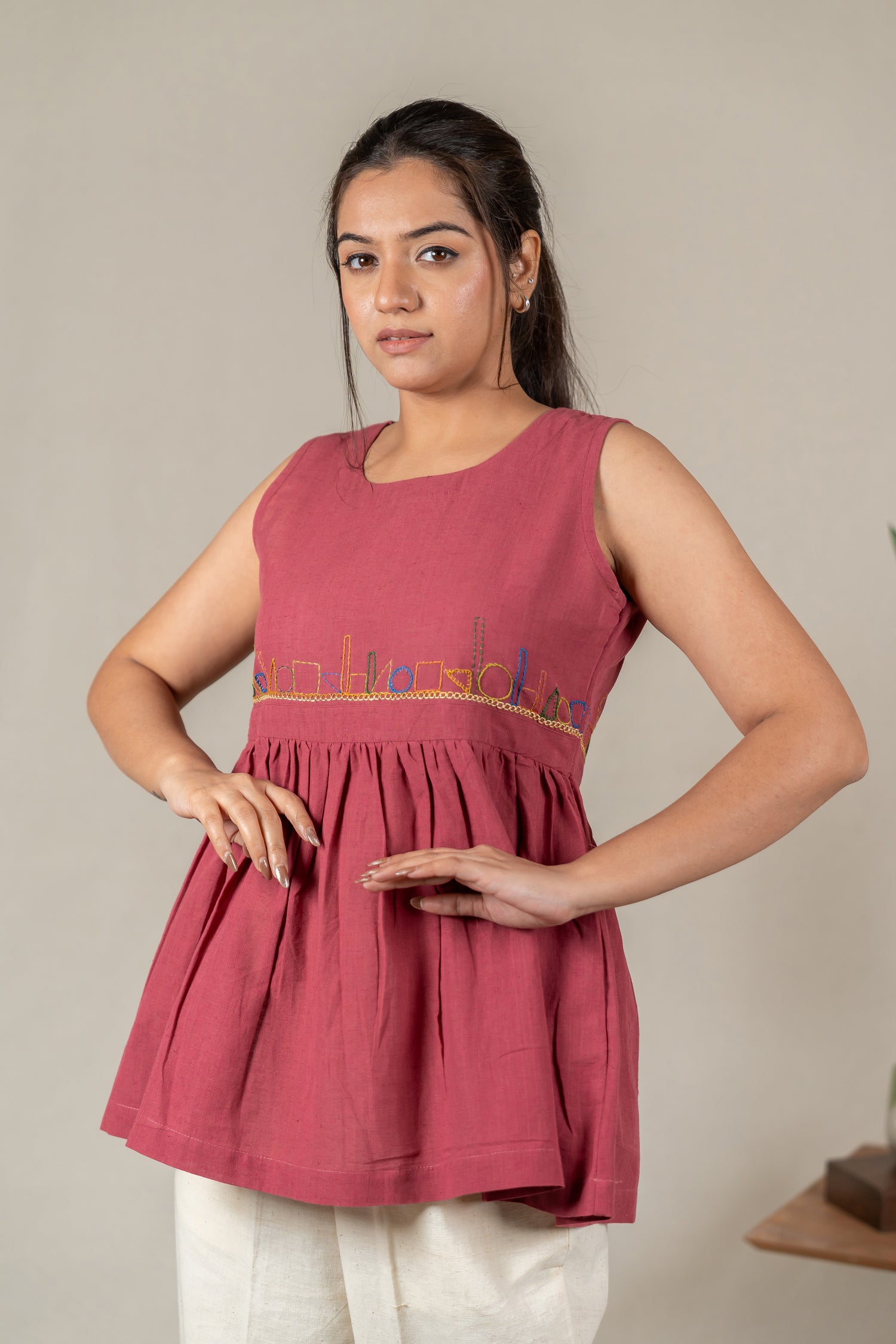 Sleeveless Hand Embroidered Handloom Cotton Top in Muted Pink – Suchi