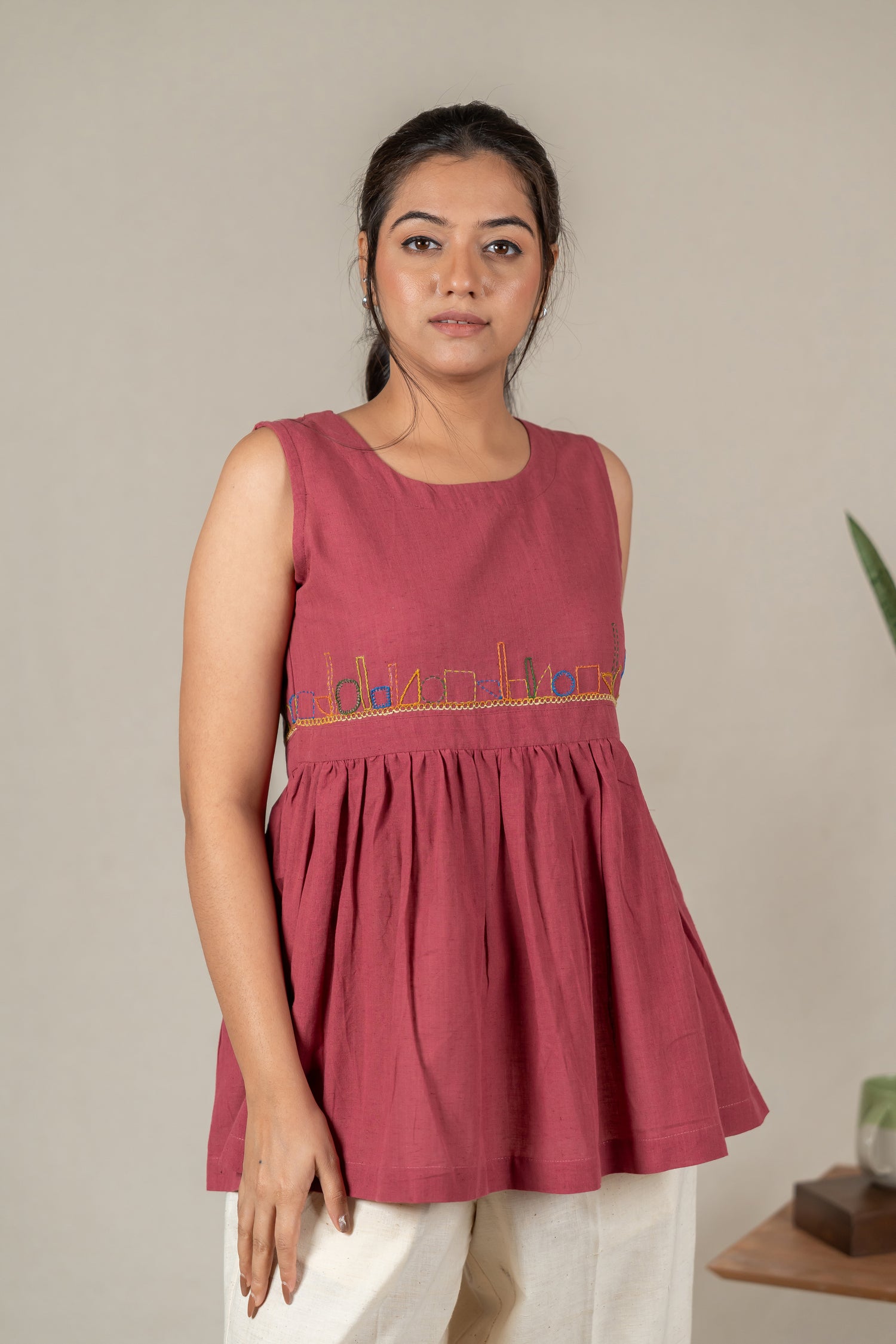 Sleeveless Hand Embroidered Handloom Cotton Top in Muted Pink – Suchi