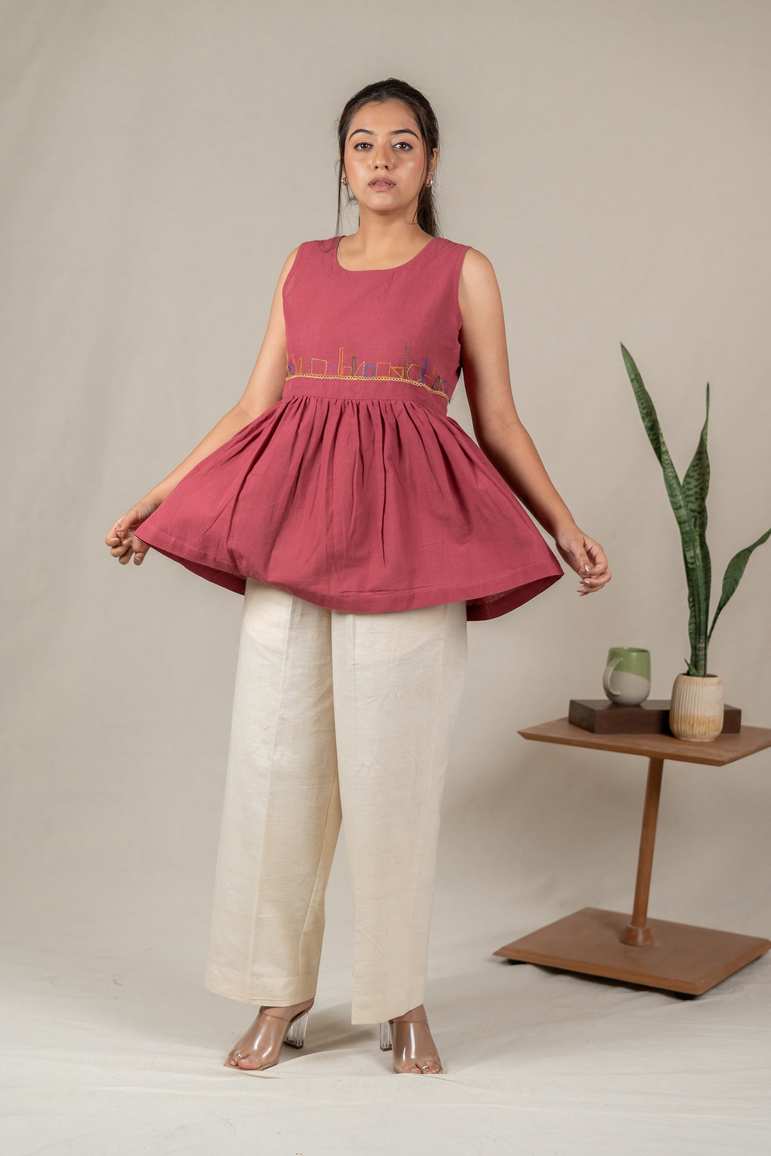 Sleeveless Hand Embroidered Handloom Cotton Top in Muted Pink – Suchi