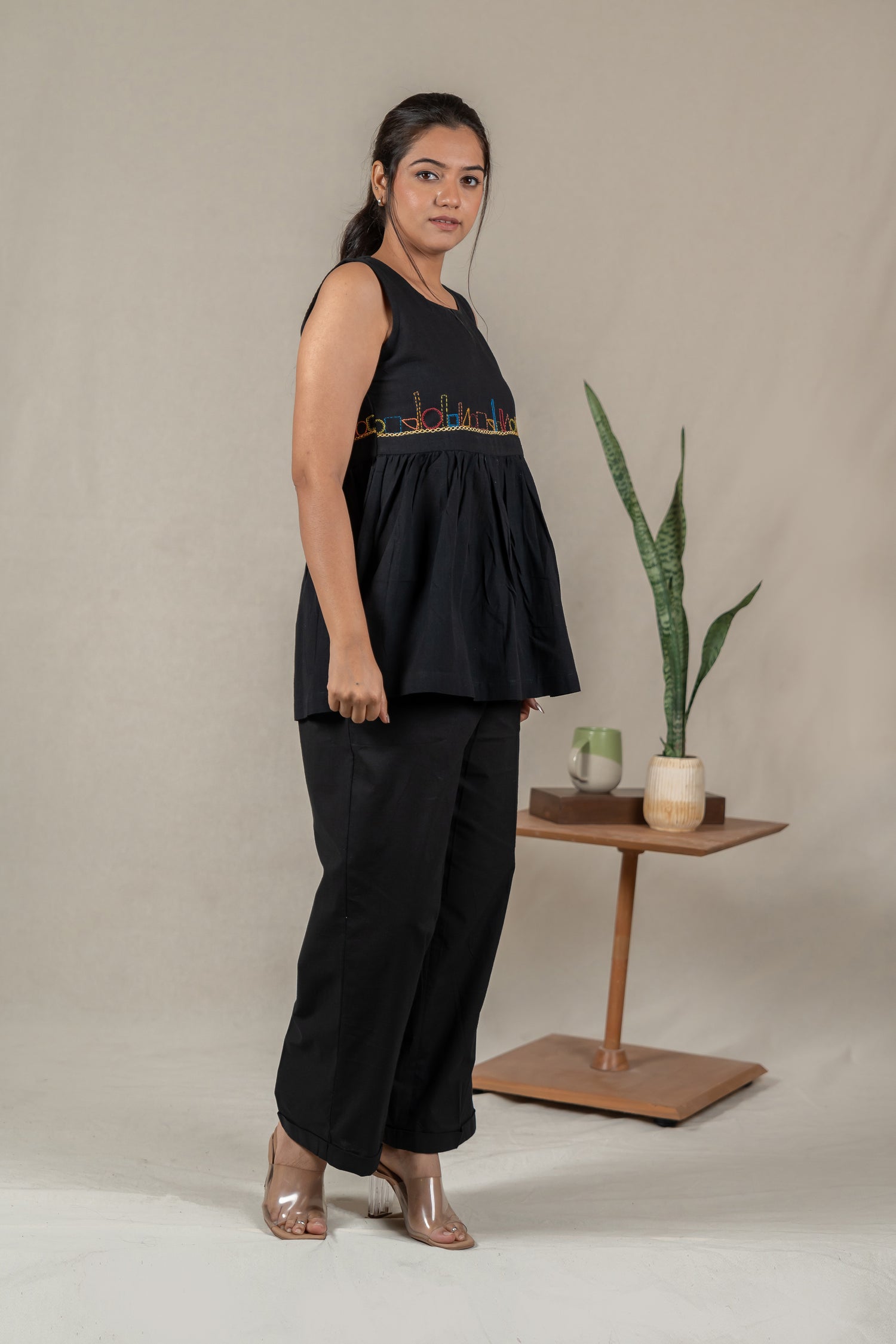 Sleeveless Hand Embroidered Handloom Cotton Top in Classic Black – Suchi