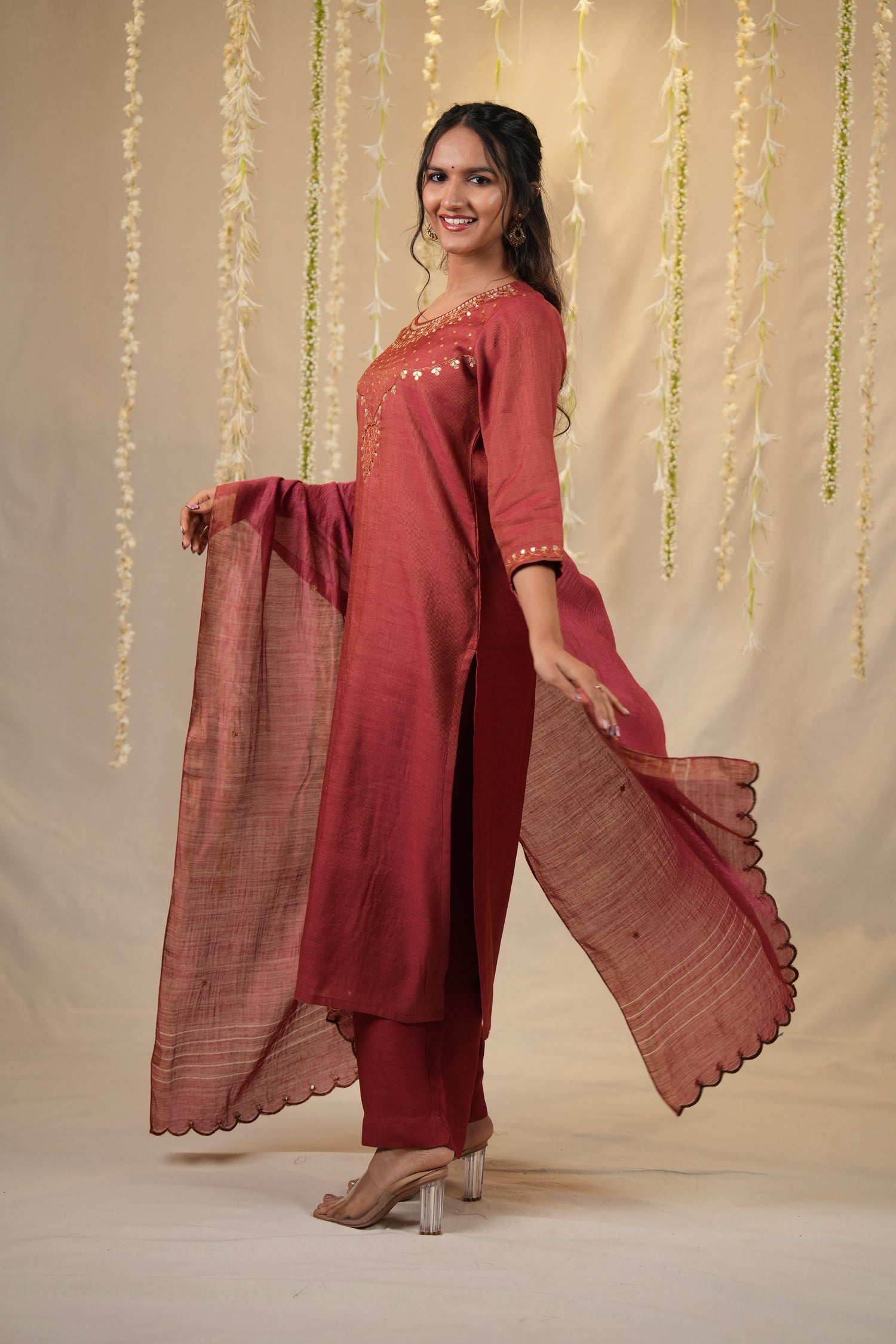 Ek Dor Hand Embroidered Tissue Silk Kurta Set - Set of Three