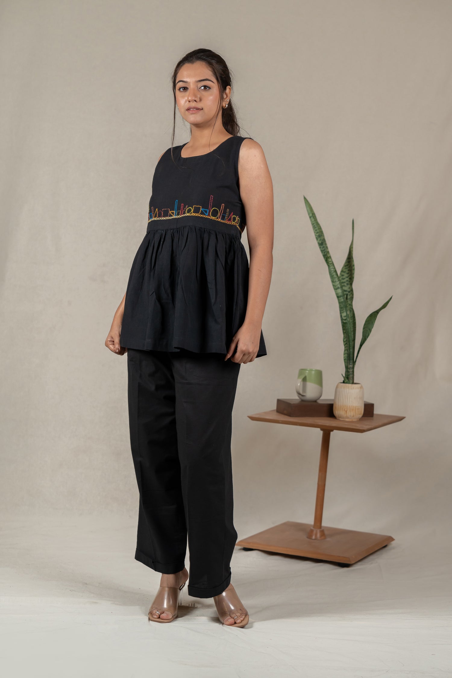 Sleeveless Hand Embroidered Handloom Cotton Top in Classic Black – Suchi