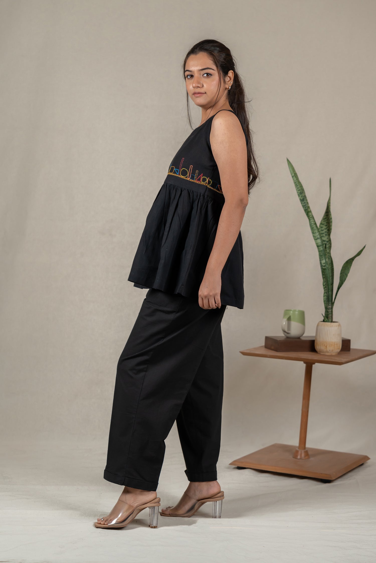 Sleeveless Hand Embroidered Handloom Cotton Top in Classic Black – Suchi