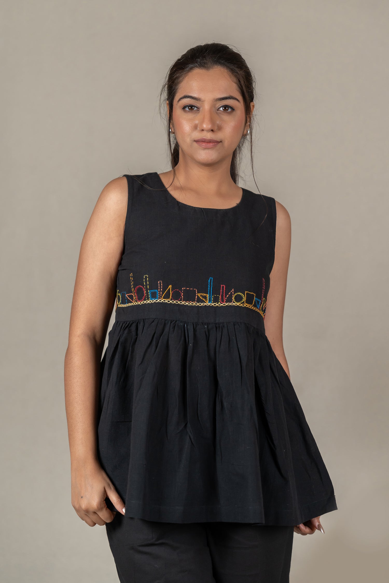 Sleeveless Hand Embroidered Handloom Cotton Top in Classic Black – Suchi