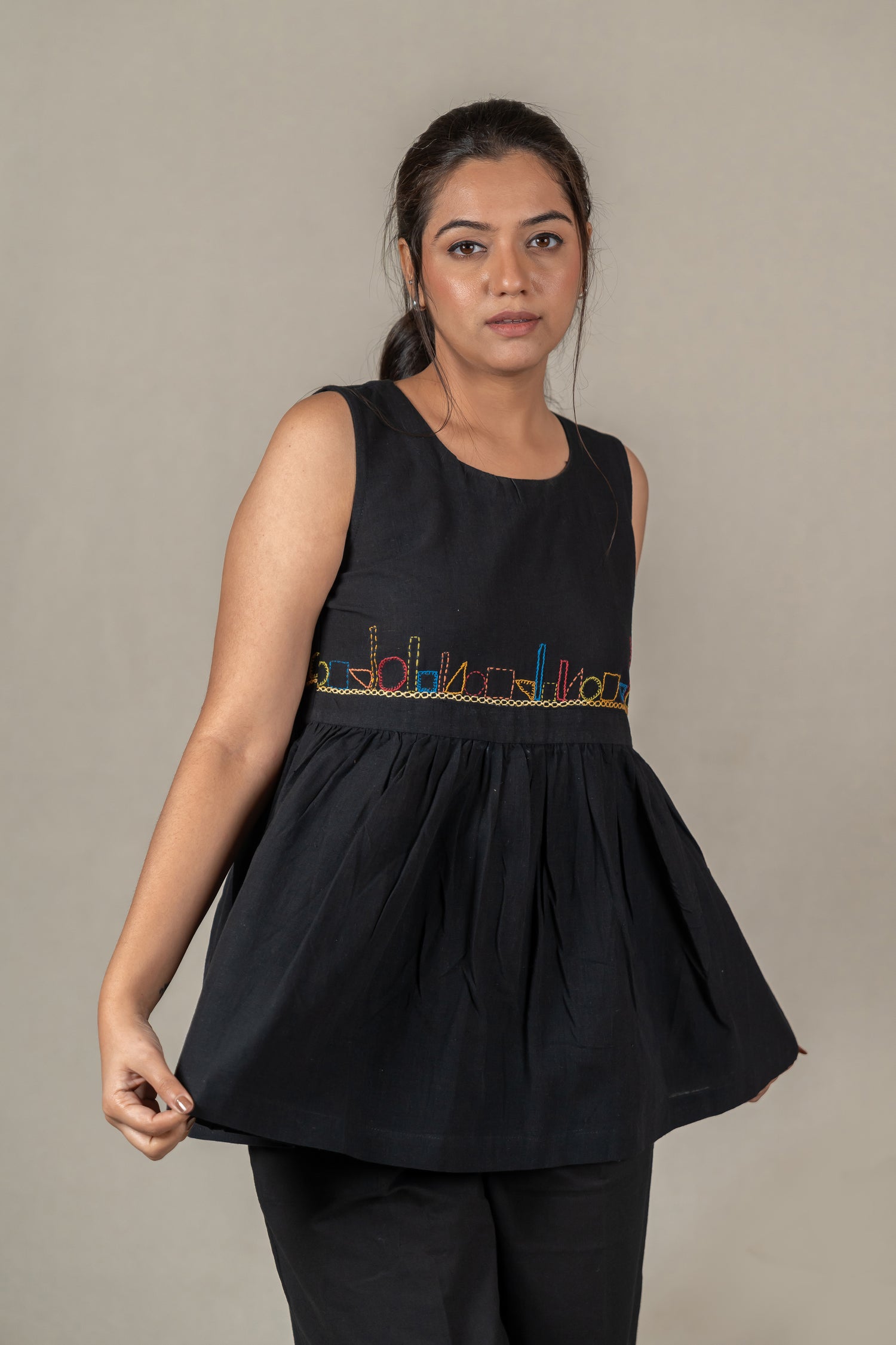 Sleeveless Hand Embroidered Handloom Cotton Top in Classic Black – Suchi