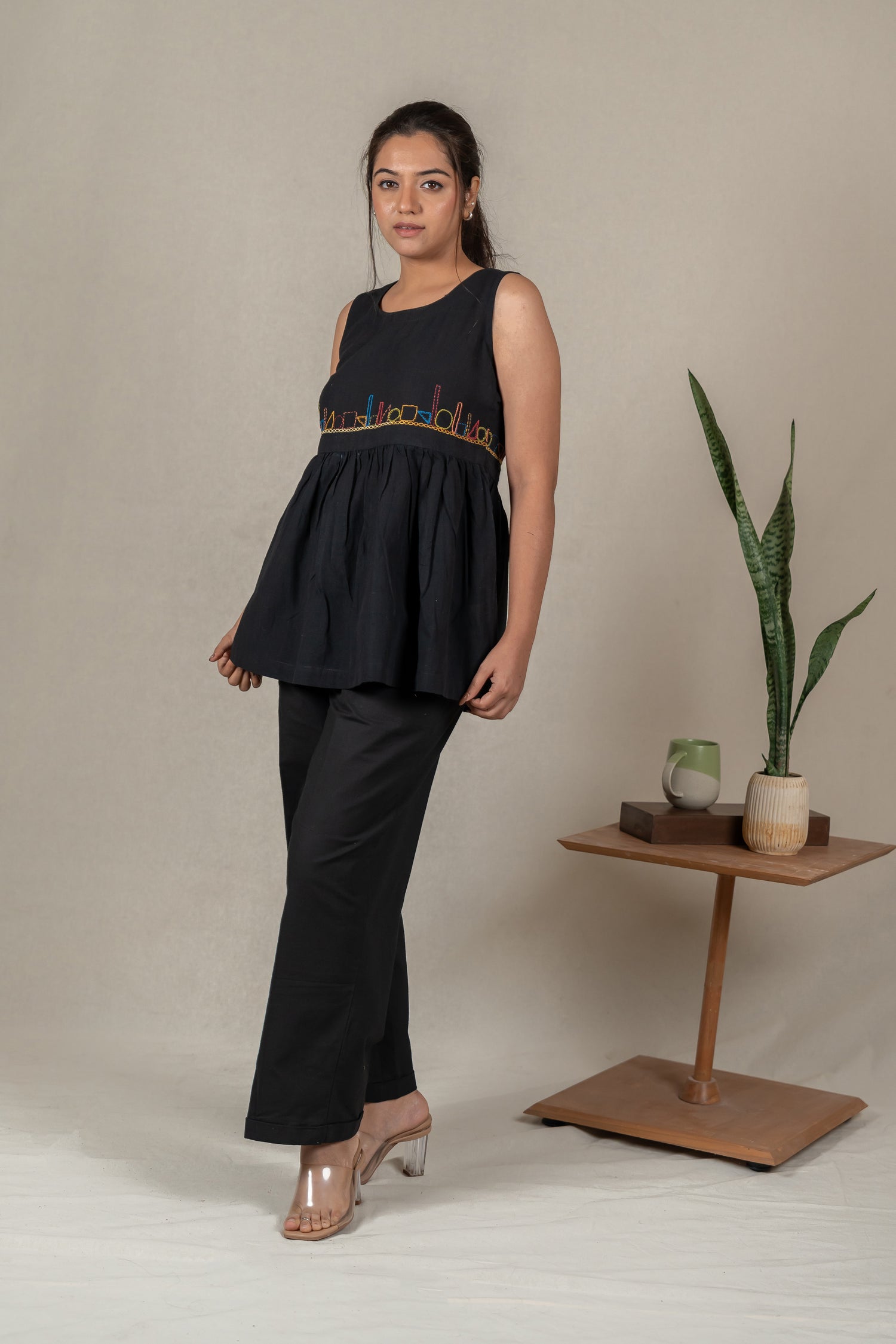 Sleeveless Hand Embroidered Handloom Cotton Top in Classic Black – Suchi