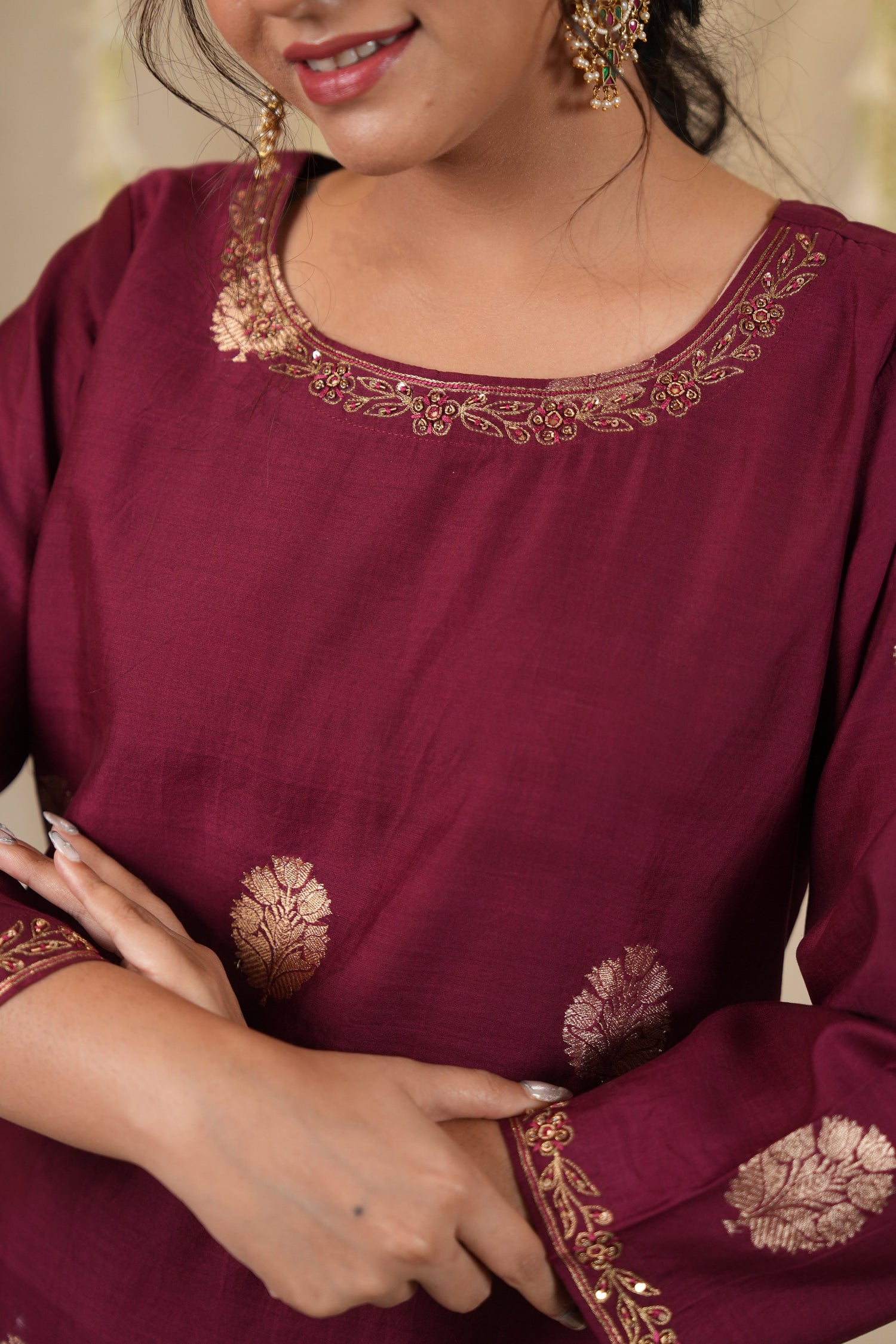 Ek Dor Hand Embroidered Muga Silk Kurta Set – Magenta Elegance