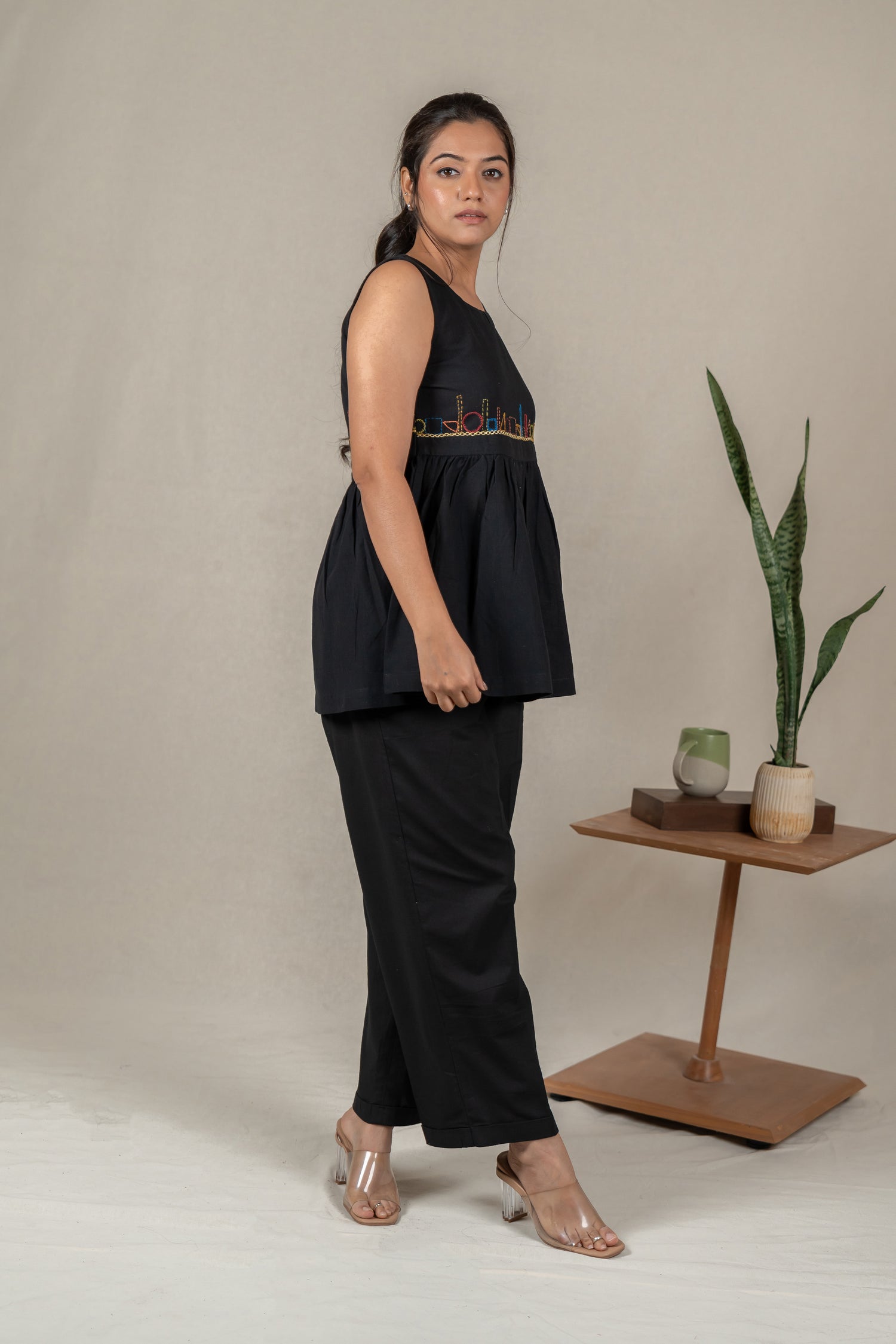 Sleeveless Hand Embroidered Handloom Cotton Top in Classic Black – Suchi