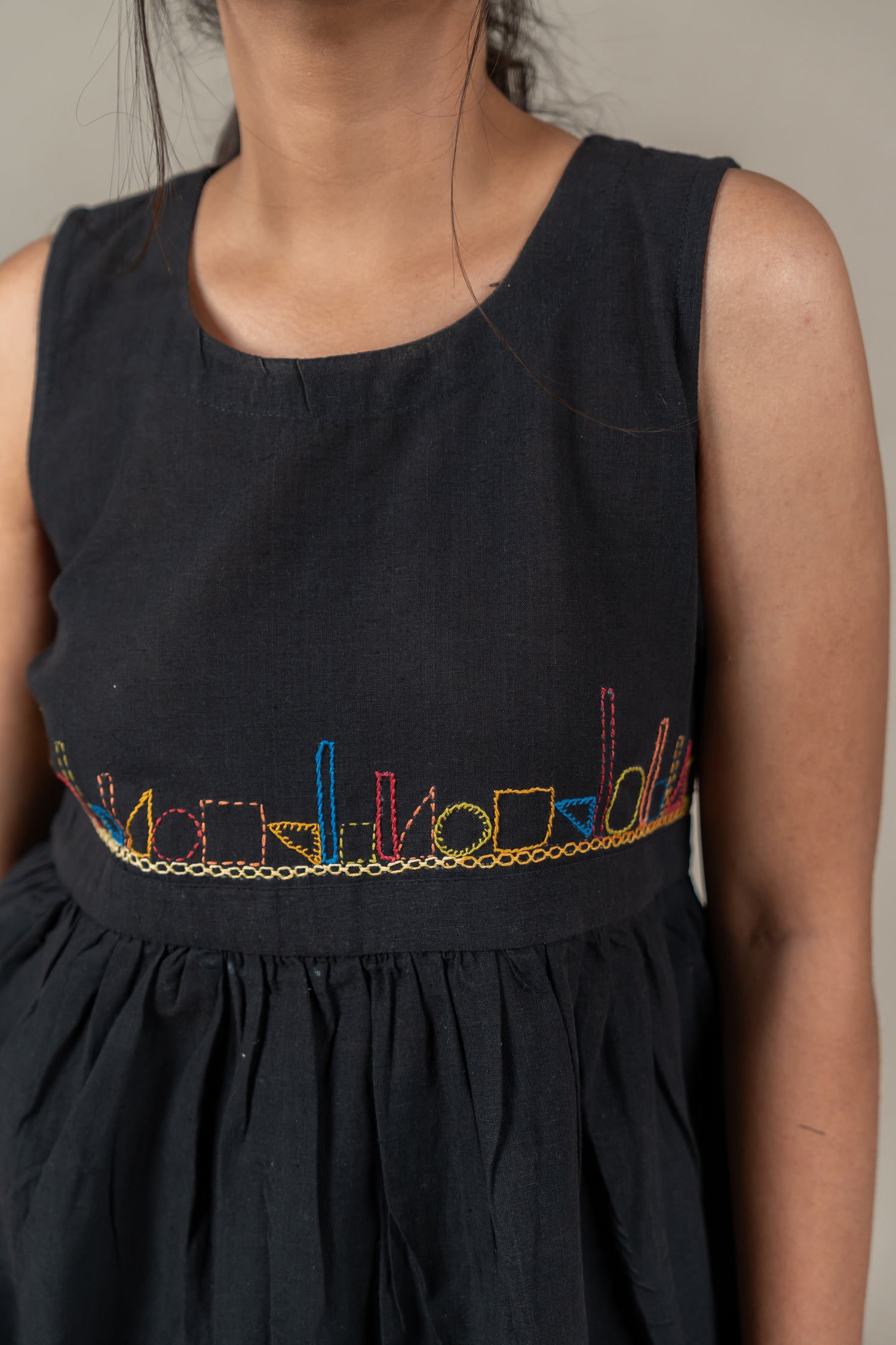 Sleeveless Hand Embroidered Handloom Cotton Top in Classic Black – Suchi