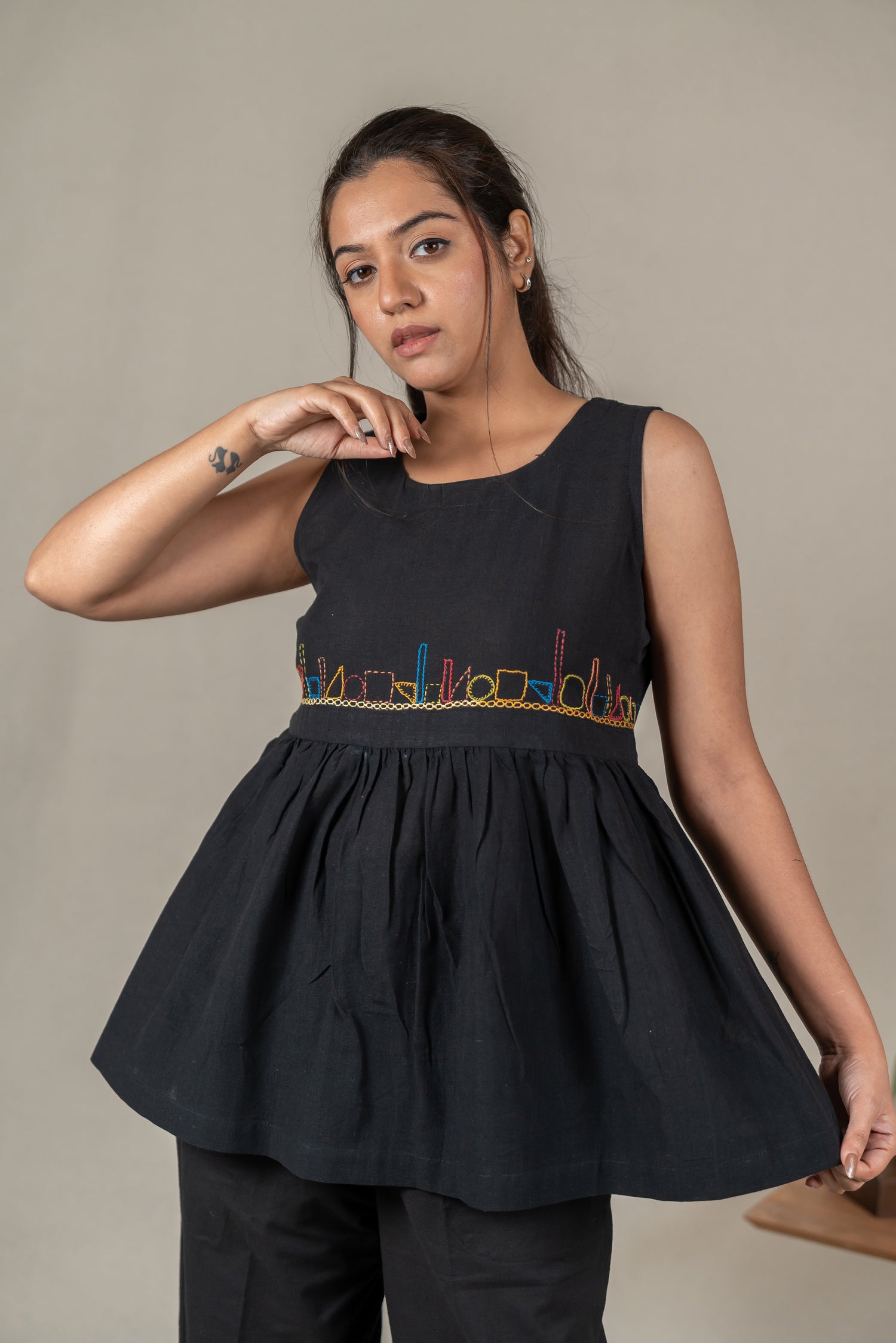 Sleeveless Hand Embroidered Handloom Cotton Top in Classic Black – Suchi