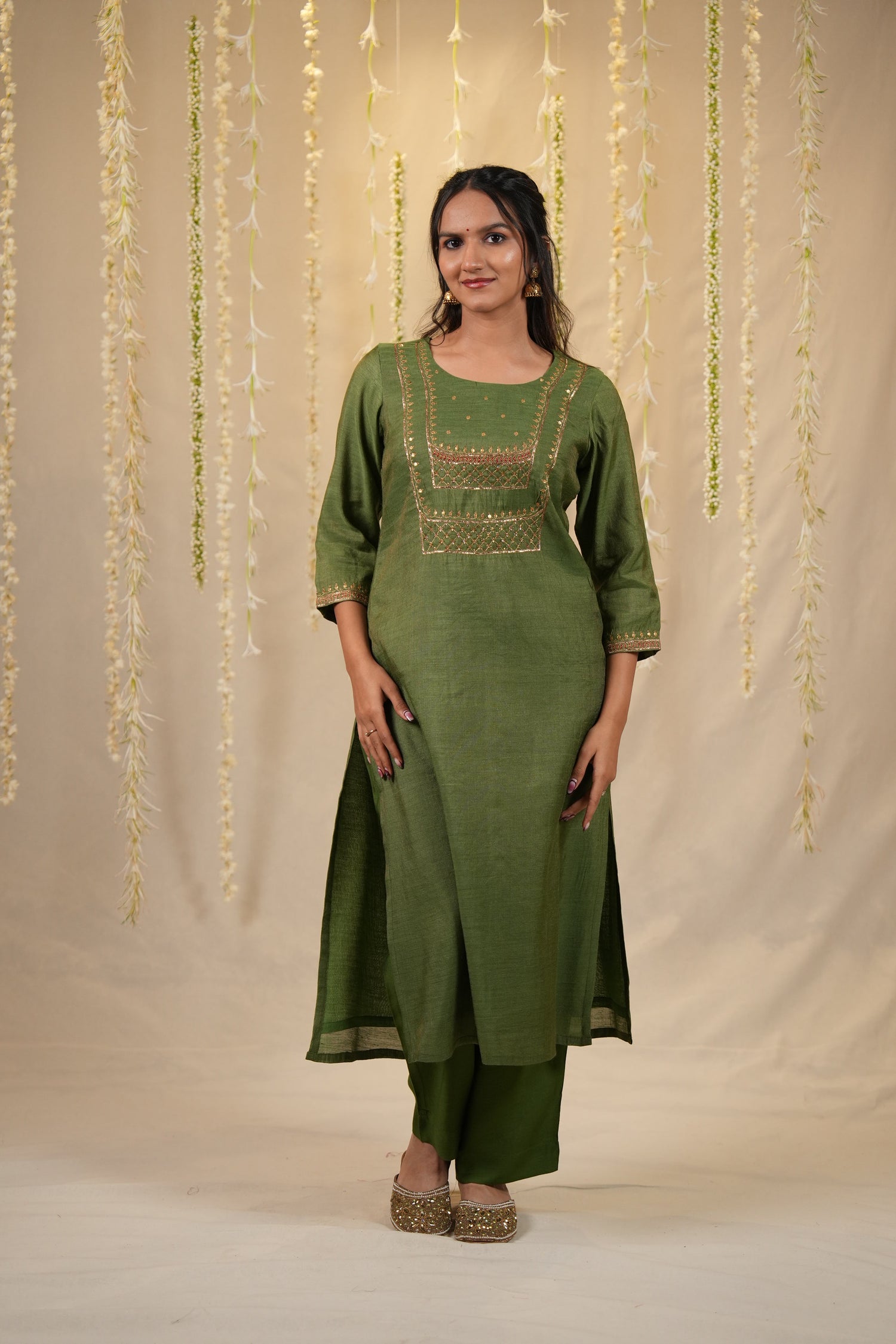 Ek Dor Hand Embroidered Striped Tissue Silk Three-Piece Set