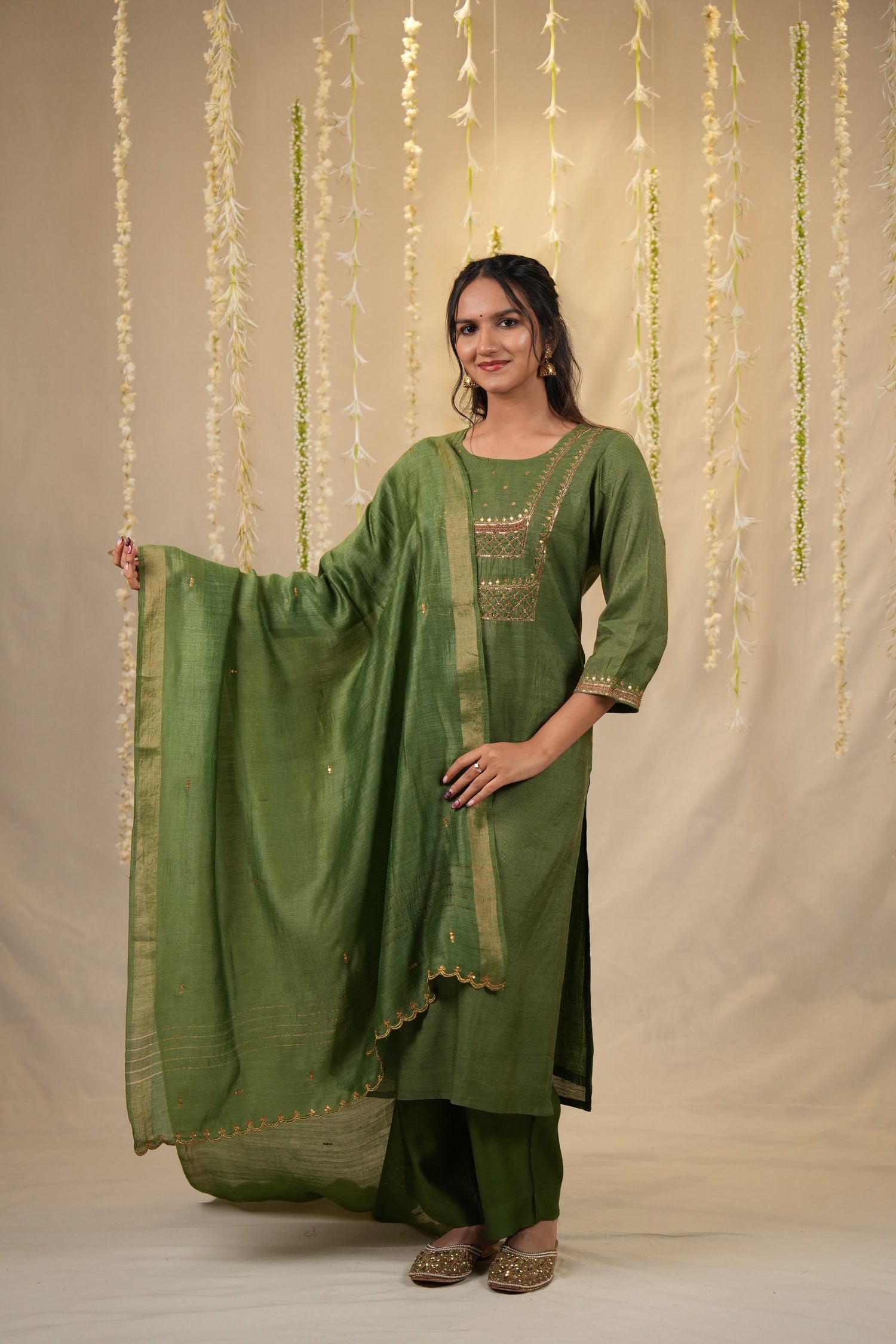 Ek Dor Hand Embroidered Striped Tissue Silk Three-Piece Set