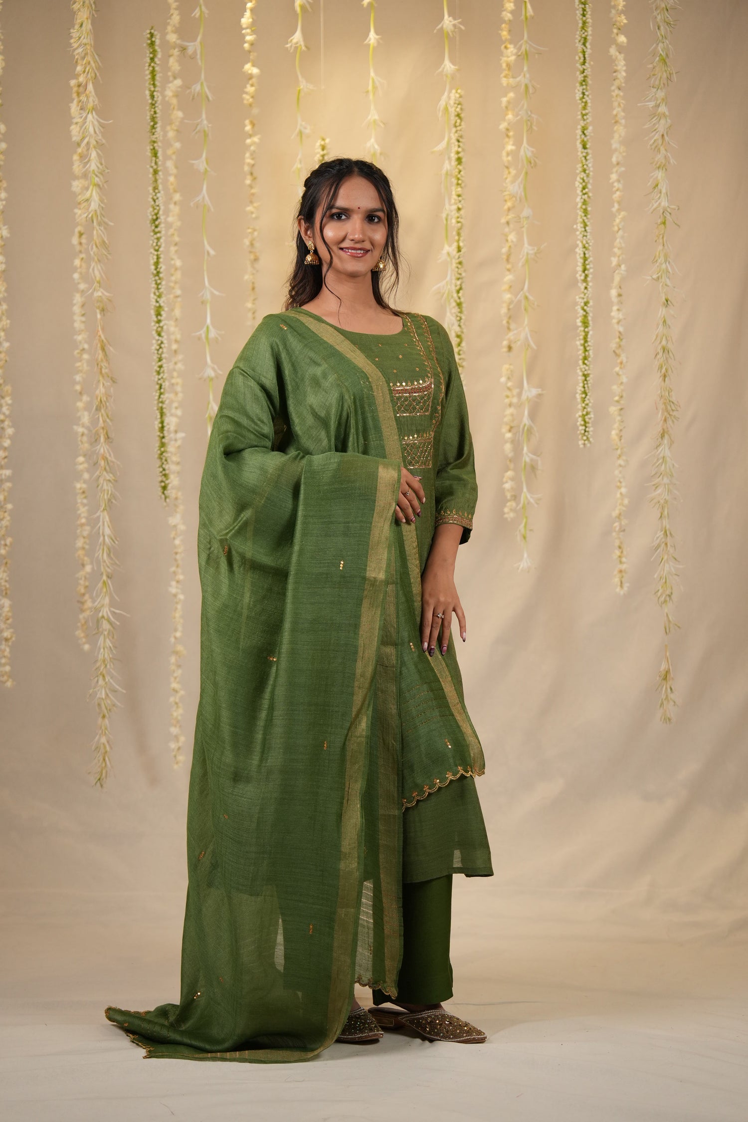 Ek Dor Hand Embroidered Striped Tissue Silk Three-Piece Set