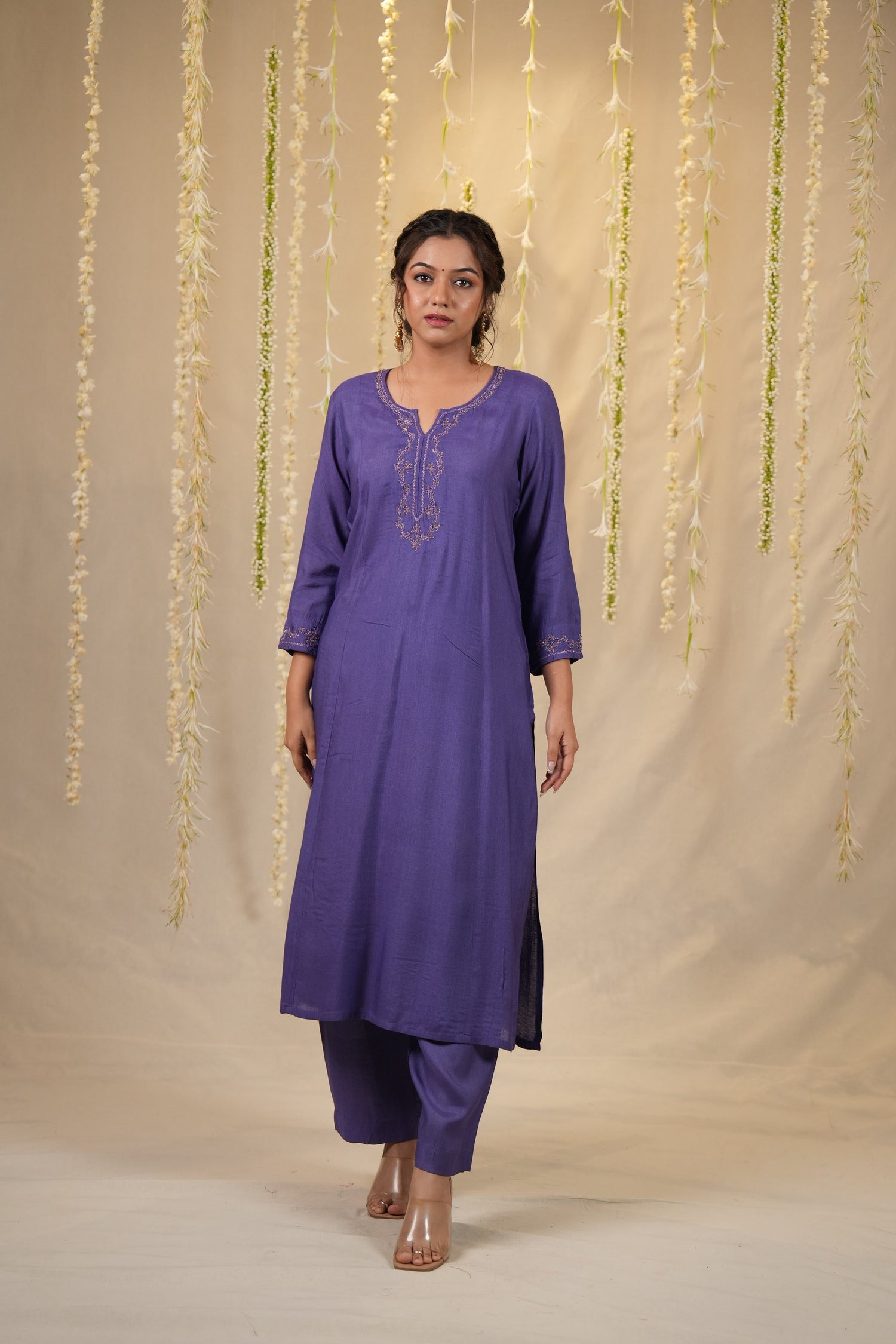 Ek Dor Hand Embroidered Tissue Silk Kurta Set in Violet- Set of Three