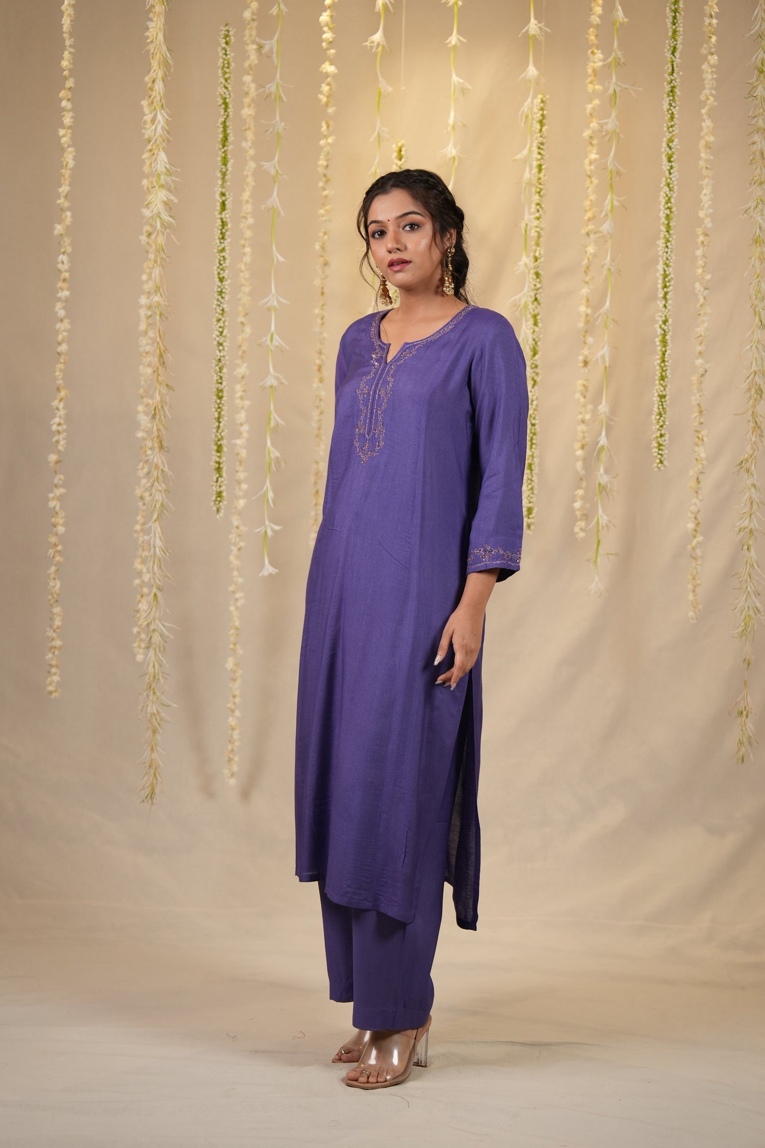 Ek Dor Hand Embroidered Tissue Silk Kurta Set in Violet- Set of Three