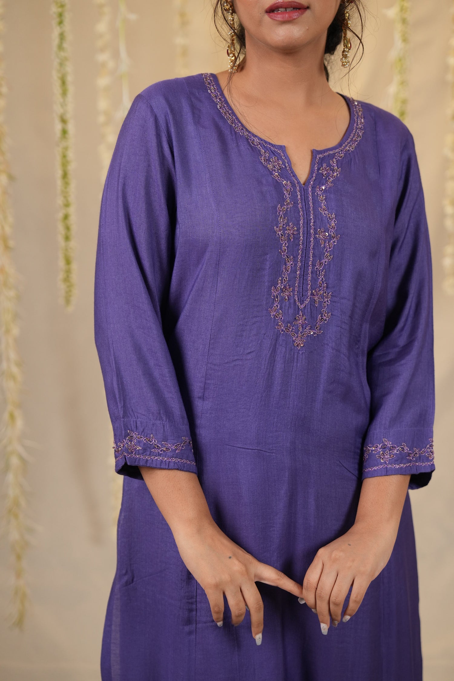 Ek Dor Hand Embroidered Tissue Silk Kurta Set in Violet- Set of Three