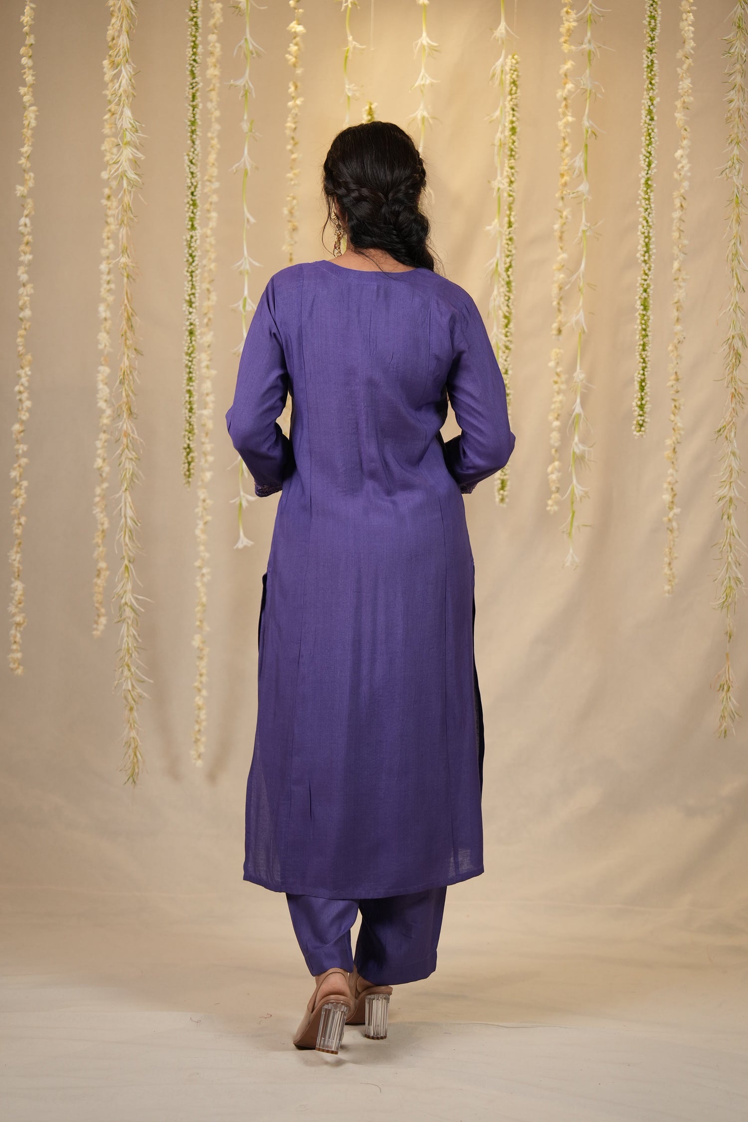 Ek Dor Hand Embroidered Tissue Silk Kurta Set in Violet- Set of Three