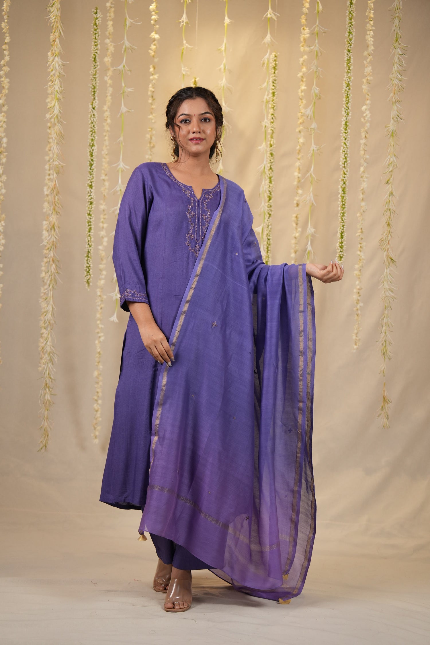 Ek Dor Hand Embroidered Tissue Silk Kurta Set in Violet- Set of Three