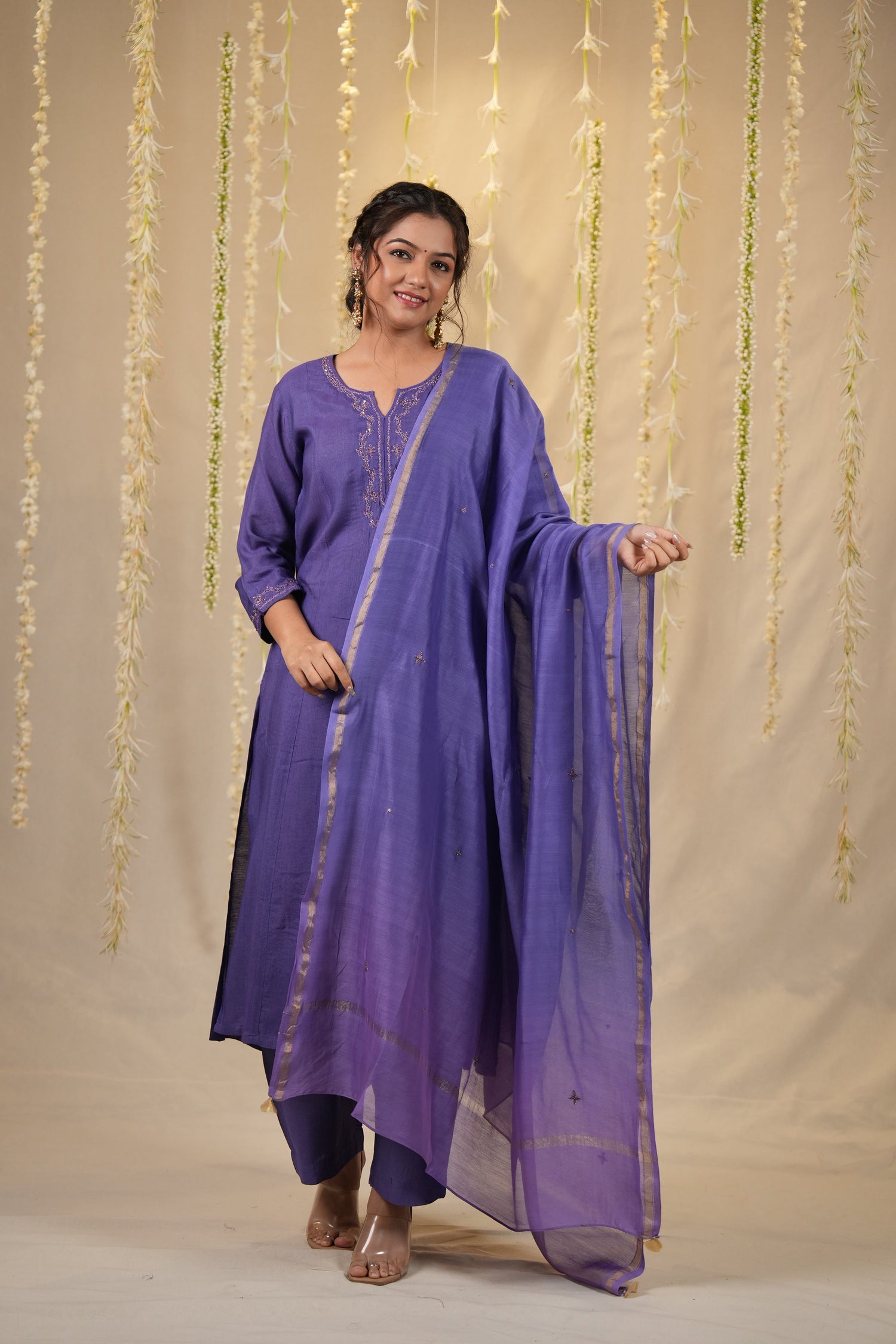 Ek Dor Hand Embroidered Tissue Silk Kurta Set in Violet- Set of Three