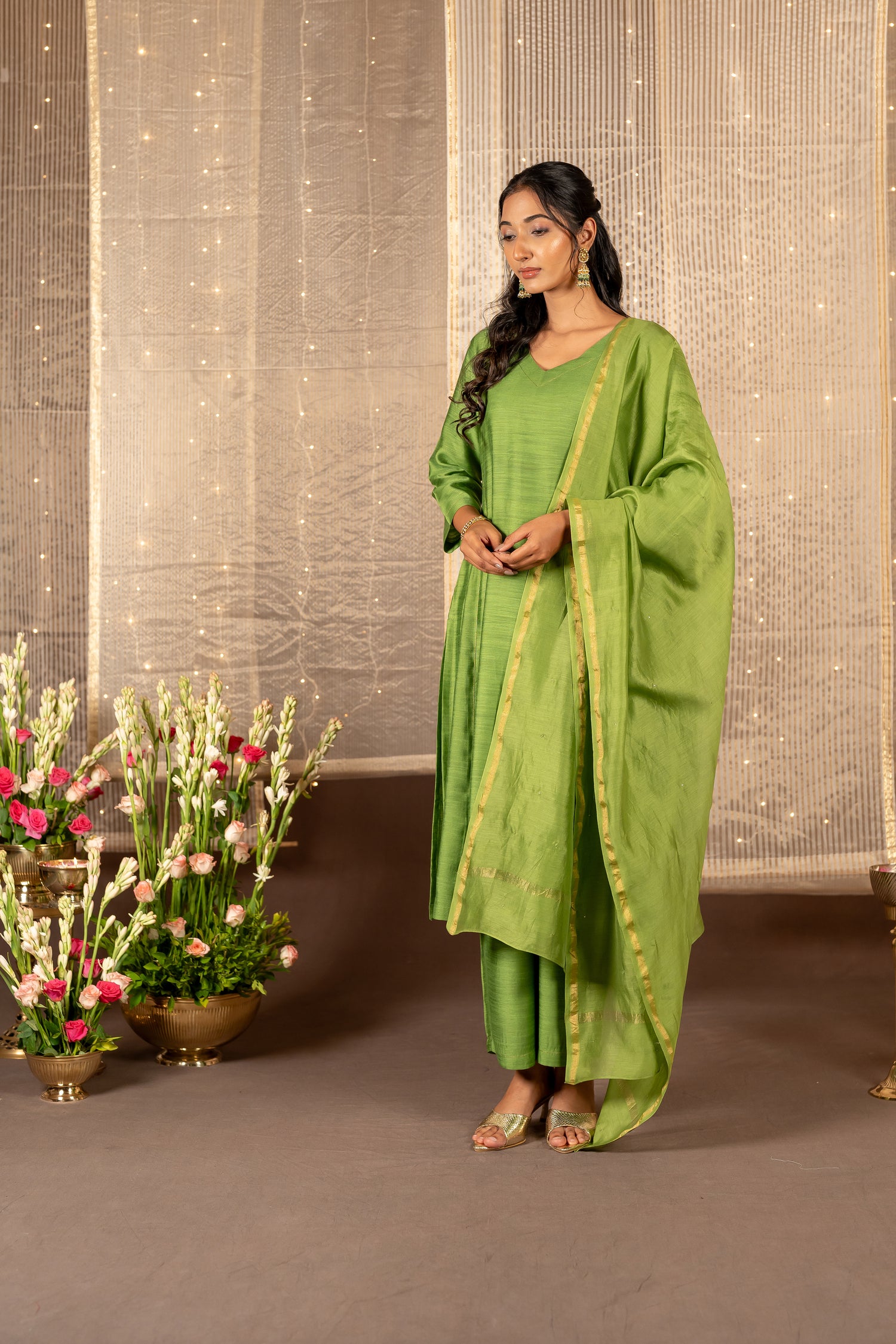 Ray Ethnic The Ira Green Cotton Silk Slub Set of Three with Chanderi Dupatta