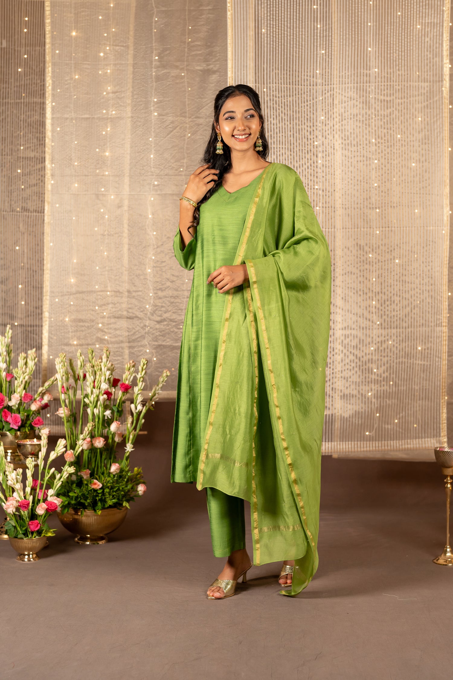 Ray Ethnic The Ira Green Cotton Silk Slub Set of Three with Chanderi Dupatta