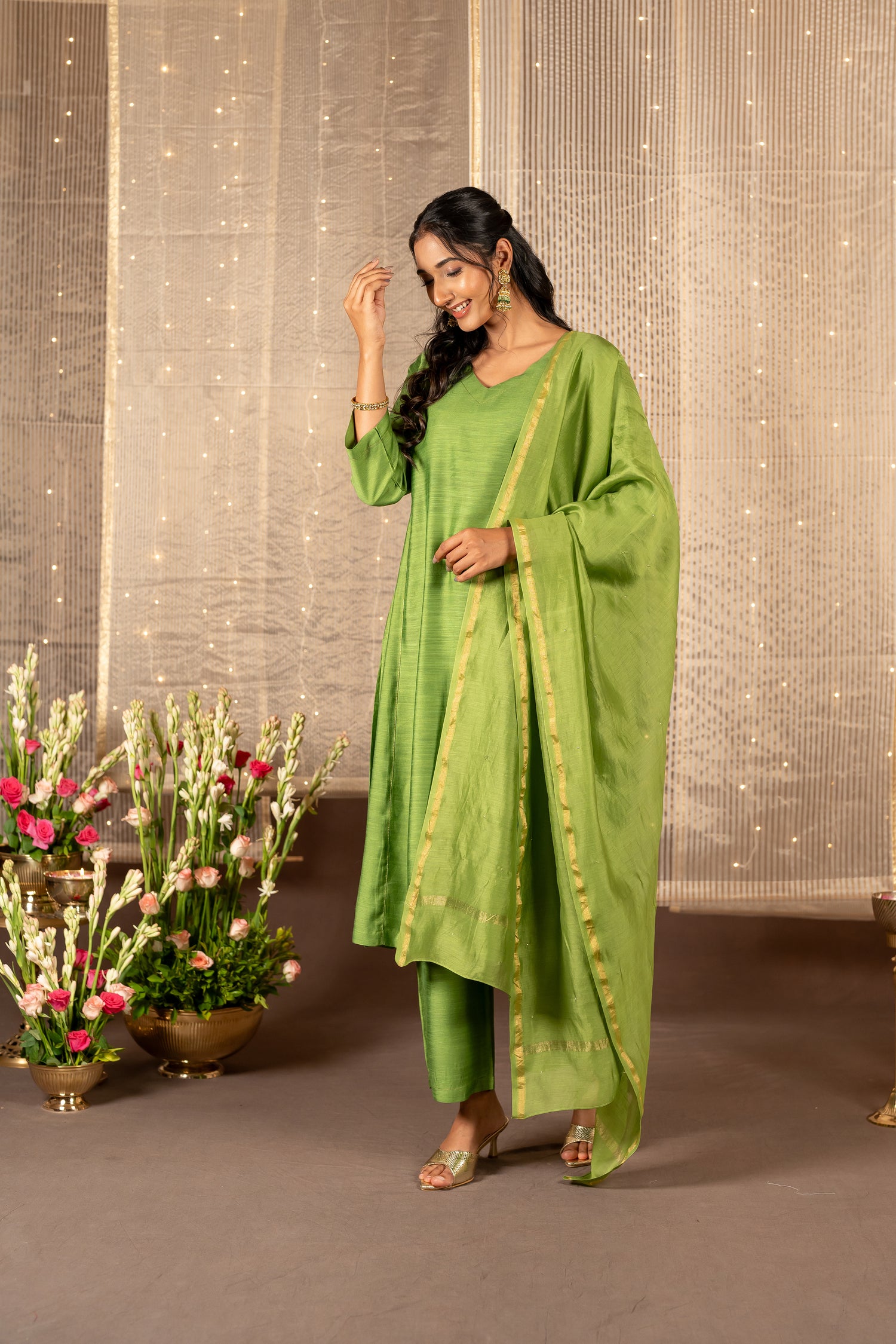 Ray Ethnic The Ira Green Cotton Silk Slub Set of Three with Chanderi Dupatta
