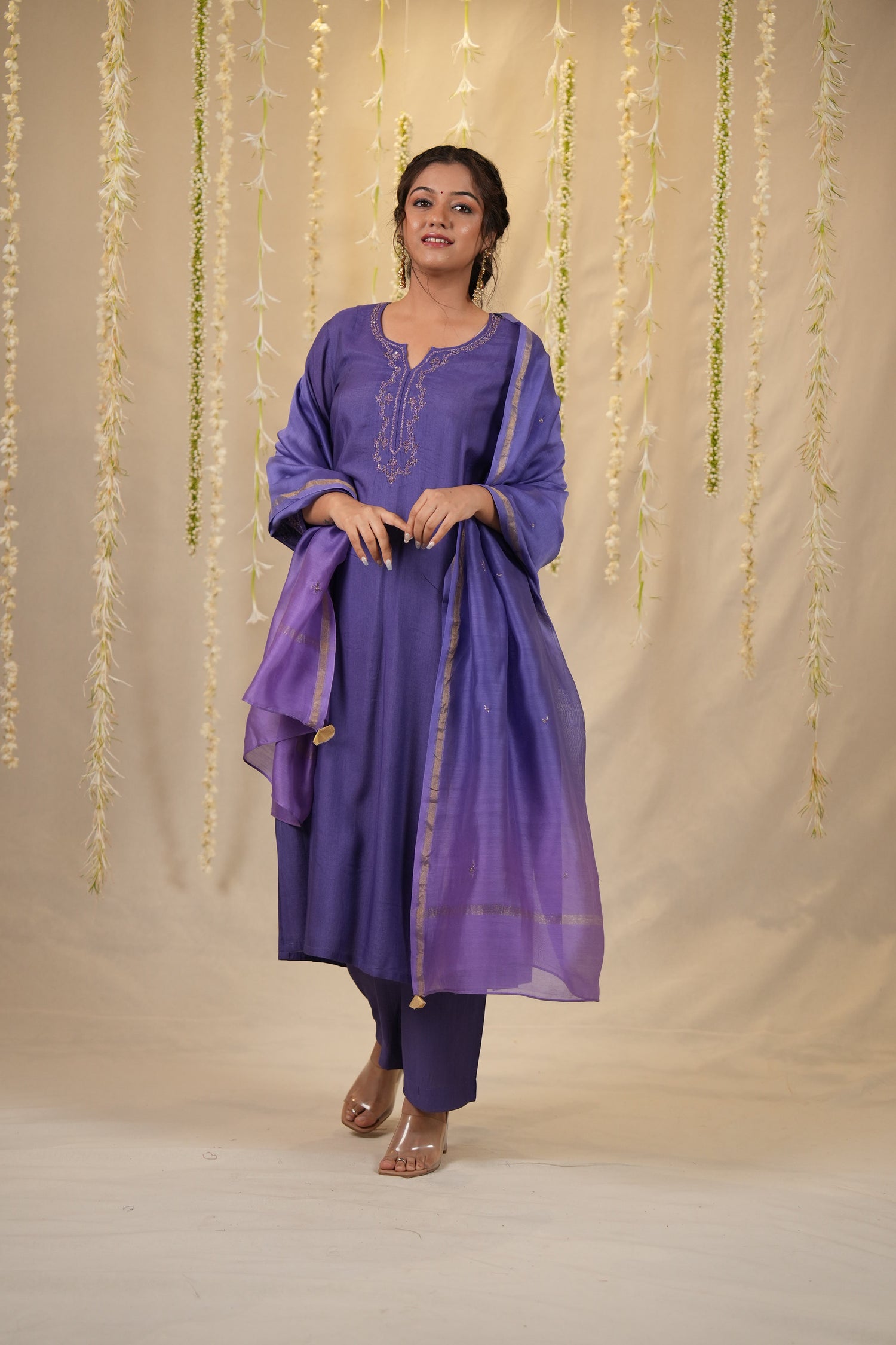Ek Dor Hand Embroidered Tissue Silk Kurta Set in Violet- Set of Three