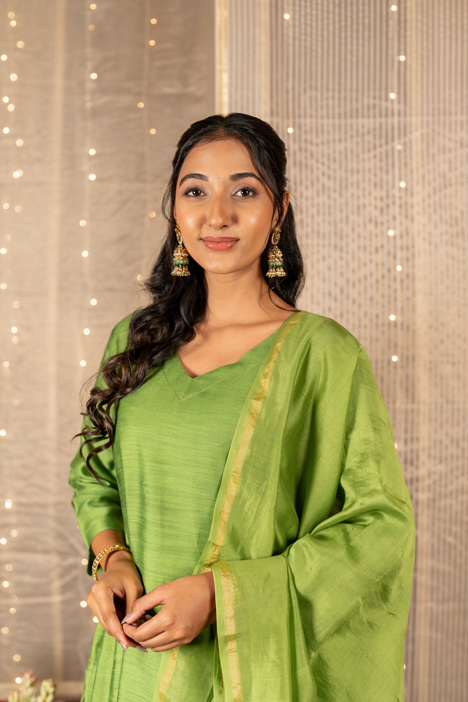 Ray Ethnic The Ira Green Cotton Silk Slub Set of Three with Chanderi Dupatta