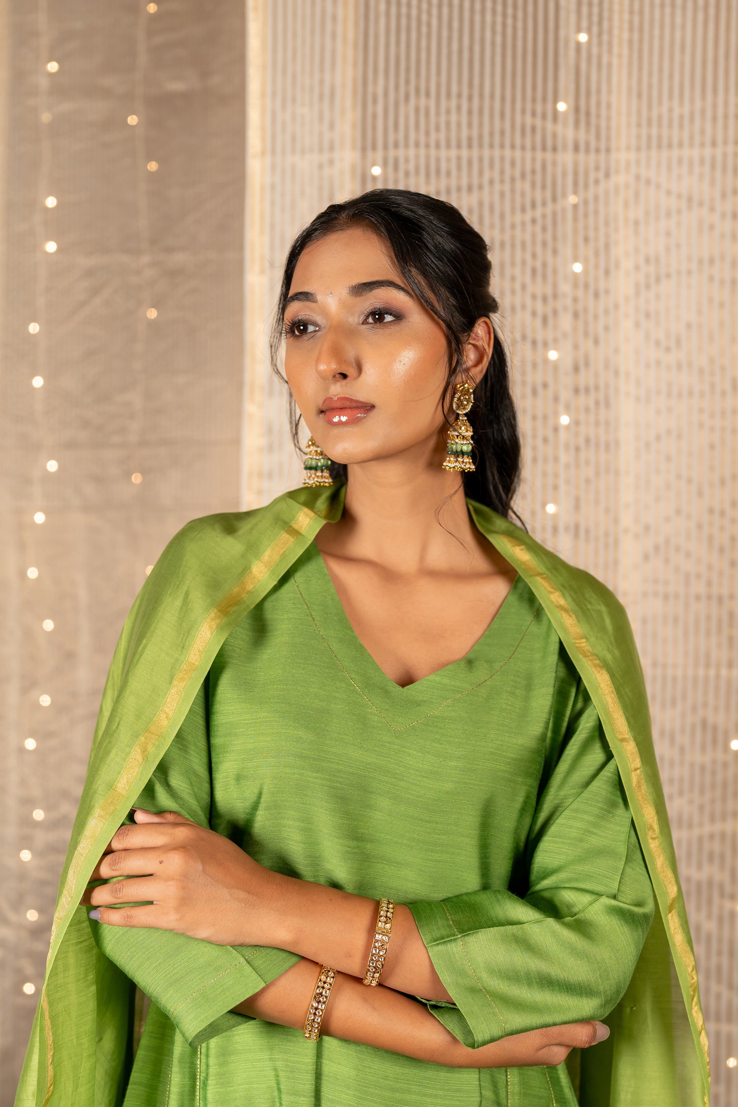 Ray Ethnic The Ira Green Cotton Silk Slub Set of Three with Chanderi Dupatta