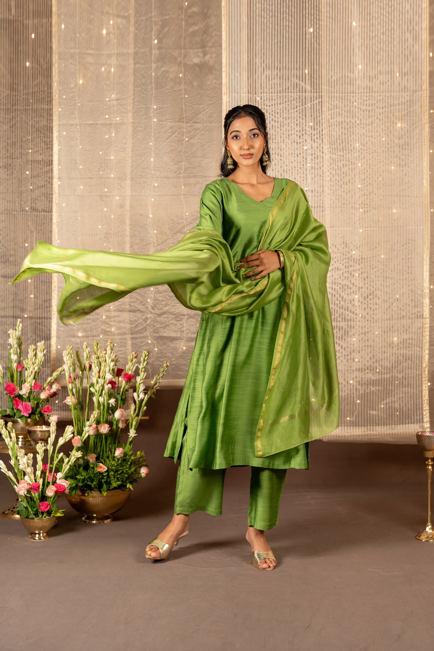 Ray Ethnic The Ira Green Cotton Silk Slub Set of Three with Chanderi Dupatta