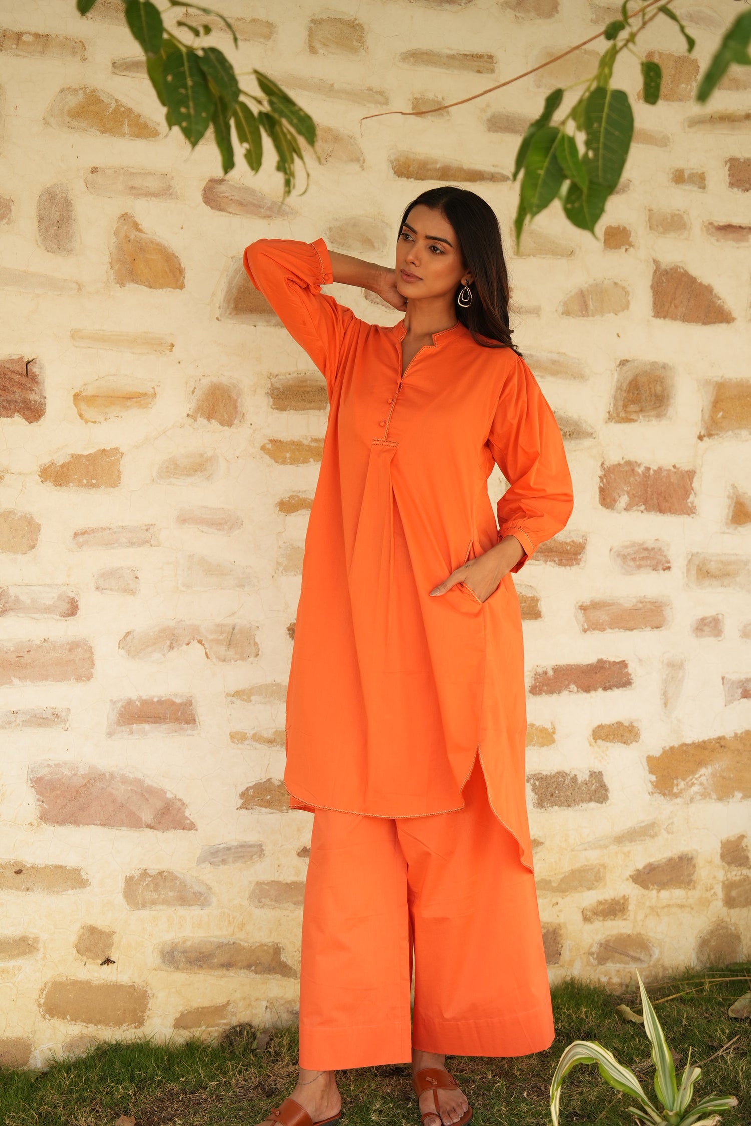 Saral Classic Orange Cotton Kurta & Bottom Set | Ray-ethnic
