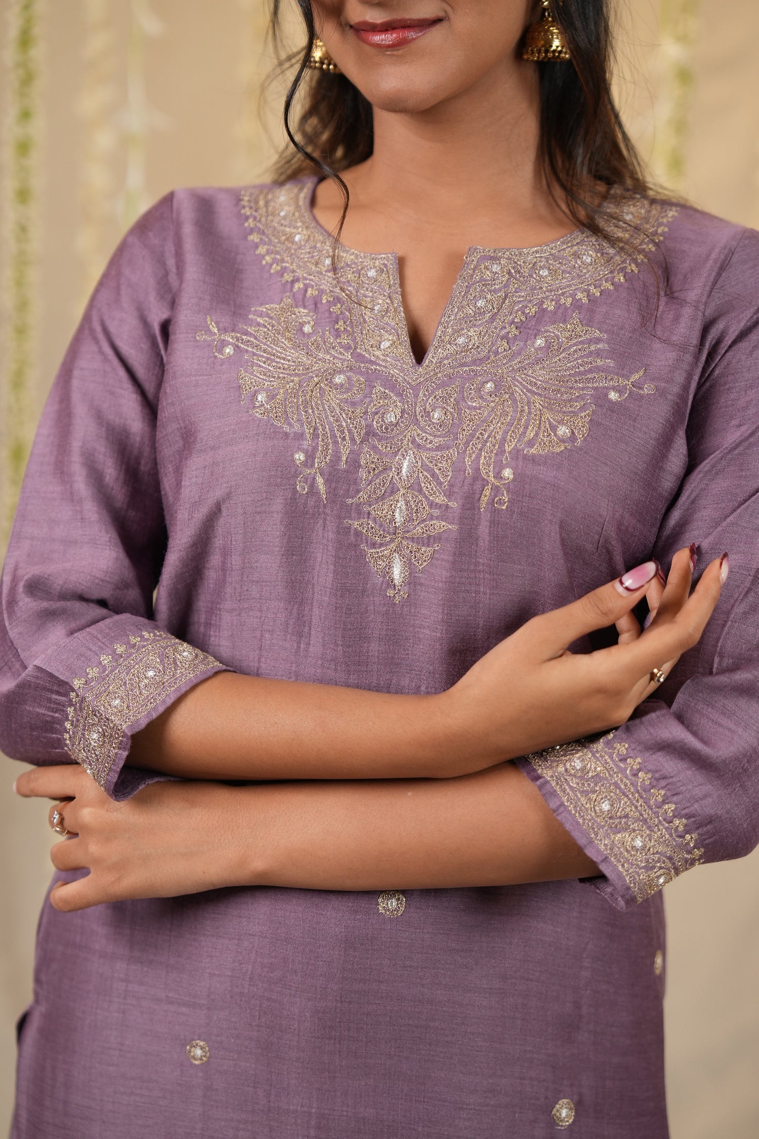 Ek Dor Machine Embroidered Muga Silk Kurta Set - Set of Three