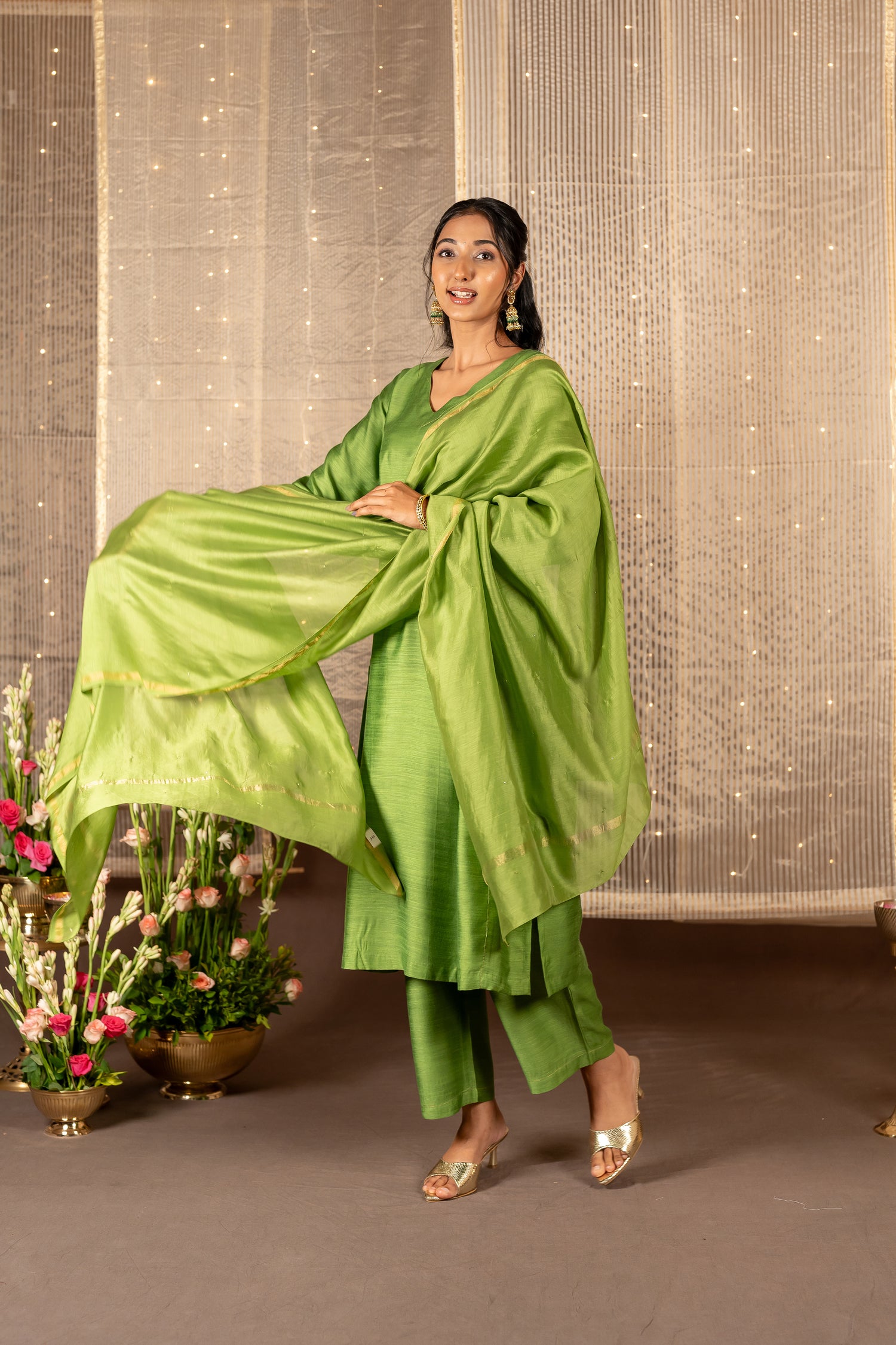 Ray Ethnic The Ira Green Cotton Silk Slub Set of Three with Chanderi Dupatta