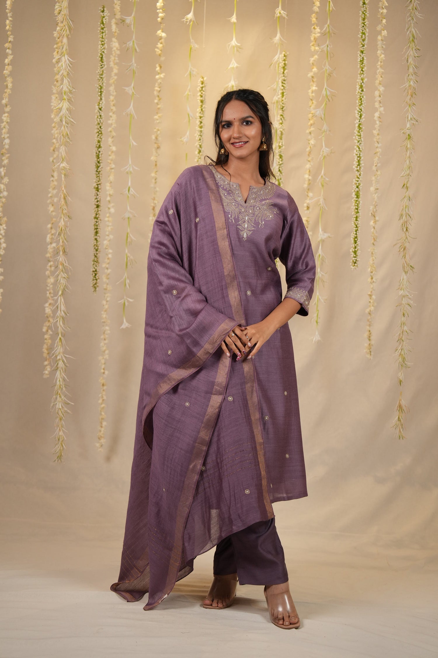 Ek Dor Machine Embroidered Muga Silk Kurta Set - Set of Three
