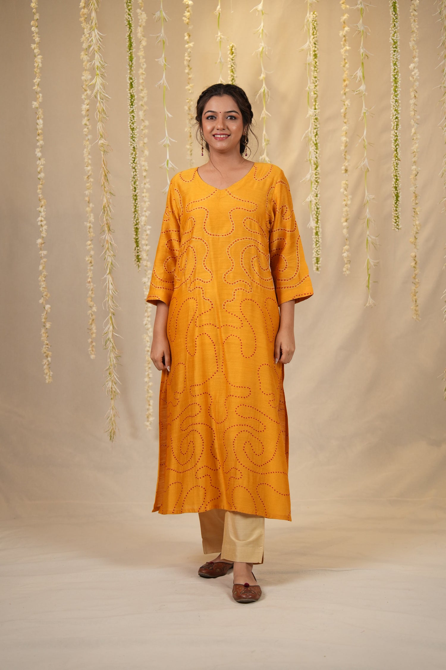 Ek Dor Yellow Muga Silk Bandhani Kurta