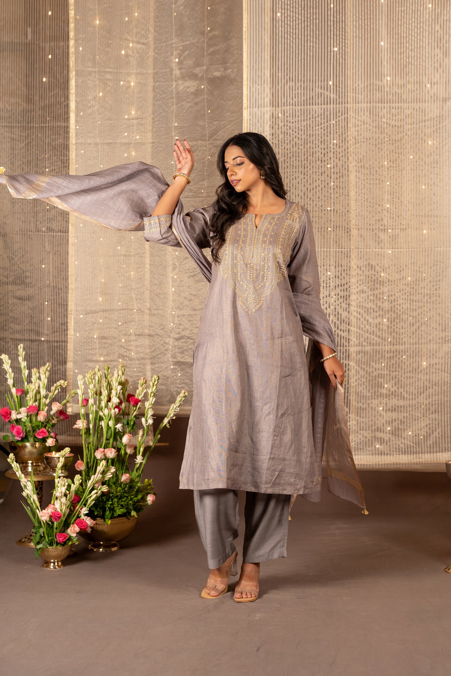 Ray Ethnic The Ira Steel Grey Silk Tissue Set of Three with Hand Embroidery